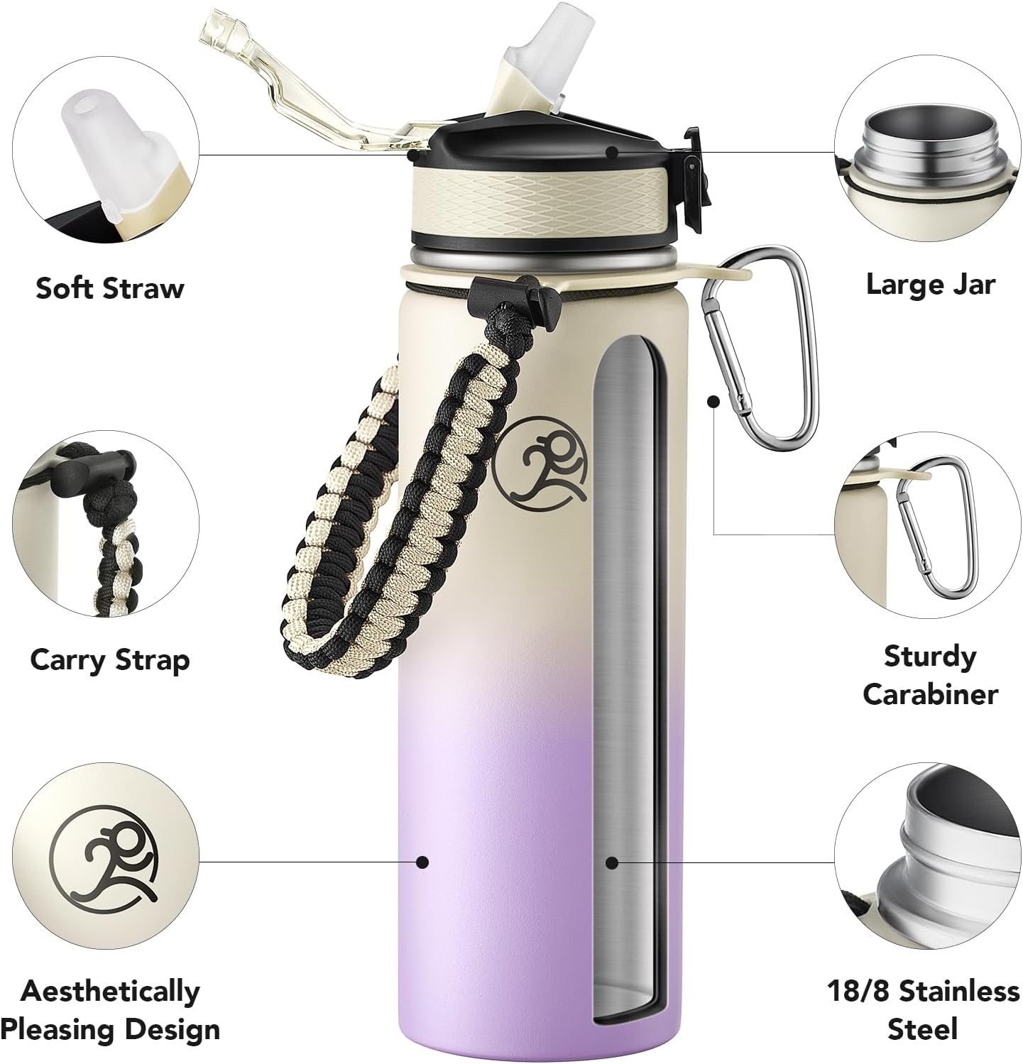 GOSWAG Insulated Sports Water Bottle, 24oz 2 Lids(with Straw/No Straw), Stainless Steel Water Bottles with Paracord Handle, Insulated Bottle with Double-Wall Vacuum Insulation