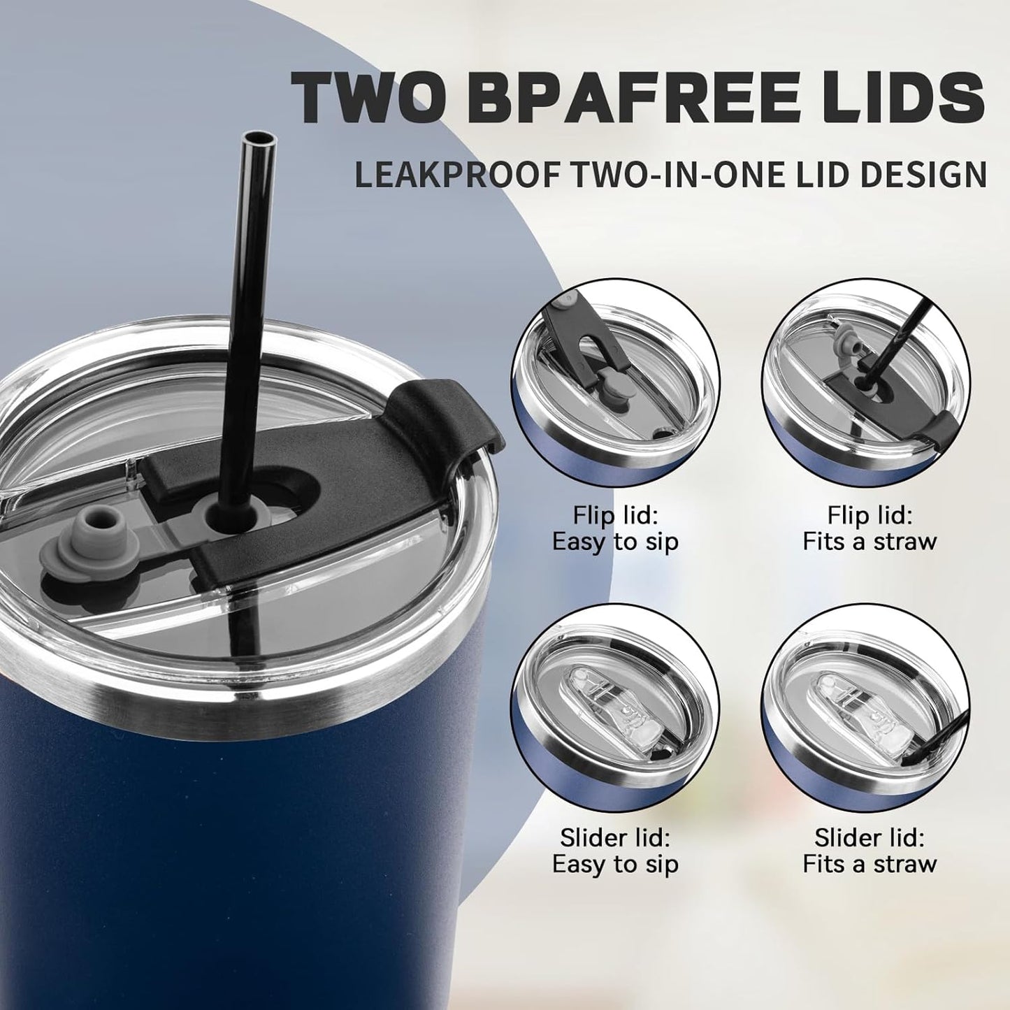40 oz Tumbler with Lids and Straws, Stainless Steel Insulated Coffee Tumbler, Double Wall Vacuum Insulated Travel Mug Cup, Leakproof Thermal Coffee Cup for Hot and Cold Drinks (Navy Blue)