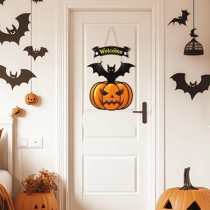 Halloween Door Wreath,Halloween Wall Decorations Wooden Black Bats Pumpkin Halloween Wreaths for Front Door, Halloween Door Decorations Indoor Outdoor Sign