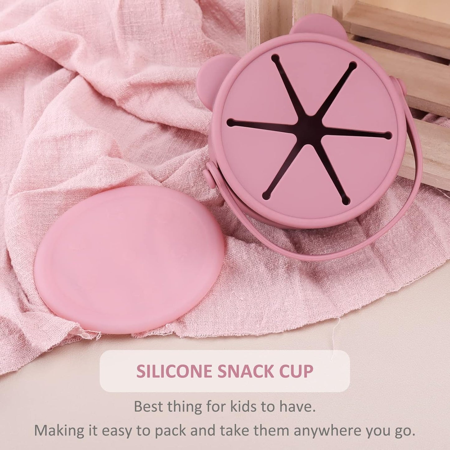 Snack Cups for Toddlers, Baby Snack Containers, Silicone Toddler Snack Cups No Spill, Food Catcher with Lid & Bucket-like Handle, BPA Free & Dishwasher Safe, 9 Ounce Rose