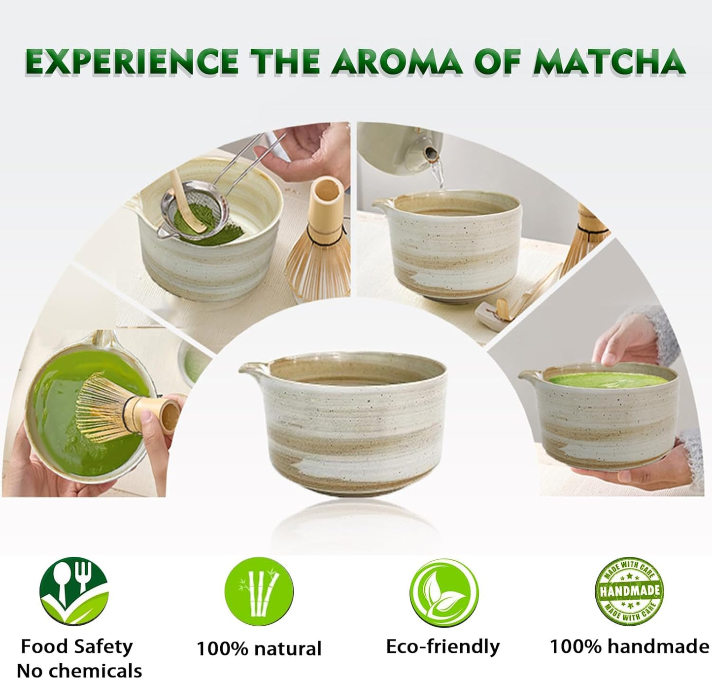 Matcha Whisk Set, Matcha Set, 6 Pieces, with Bamboo Whisk, Ceramic Bowl & Sifter Complete Matcha kit Tea Includes Scoop & Spout Bowl, Traditional Japanese Tea Accessories for Home (set of 6)