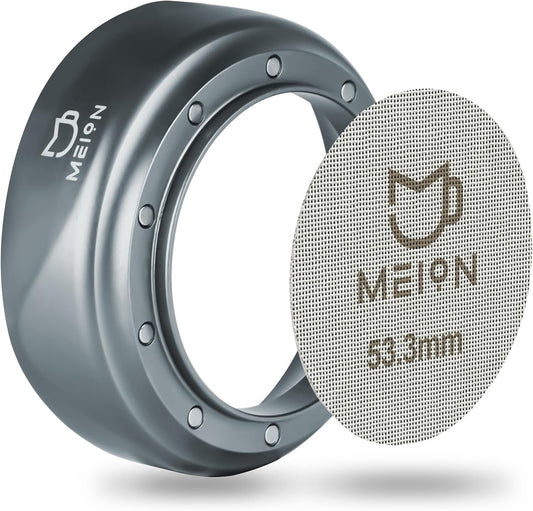MEION 54mm Espresso Dosing Funnel and Puck Screen Set for 54mm Breville Portafilters, Magnetic Coffee Funnel, Reusable 53.3mm Espresso Puck Screen, Espresso Tools Espresso Accessories (Silver, 54mm)