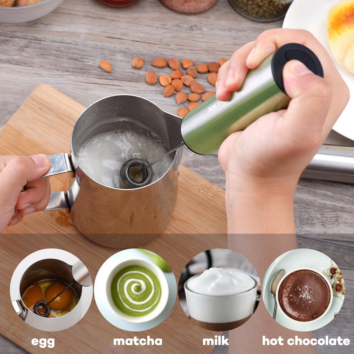 Rechargeable Milk Frother, Electric Coffee Foamer, Handheld Drink Mixer for Latte, Cappuccino, Coffee, Eggs, Hot Chocolate, Protein,Green