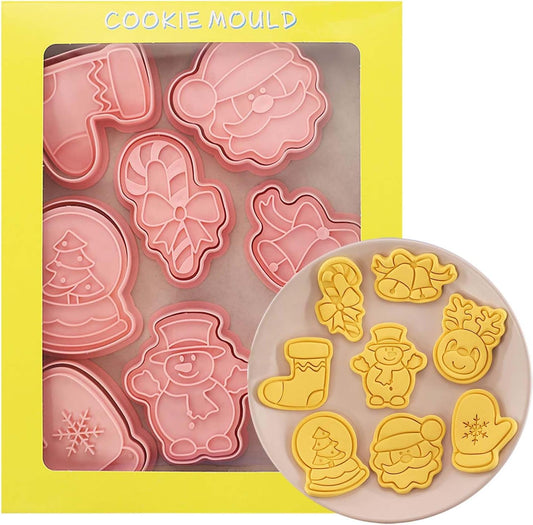 8 Piece Christmas Cookie Cutters, 3d Raised Design Gingerbread Cookie Stamps, Cookie Cutter Set suitable for Frosting Decoration, Mini Pie Molds, Apple Pie Pastry Biscuit Cutter (Christmas-D)
