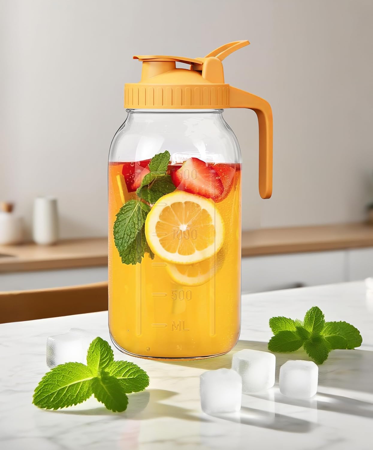 2 Quart Wide Mouth Glass Pitcher with Lid, 64oz Mason Jar Pitcher, Leak-proof Iced Tea Pitcher,Heavy Duty Container for Fridge Sweet Tea,Juice,Cold Brew Coffee,Breastmilk Storage Drinks-1PACK/Gray