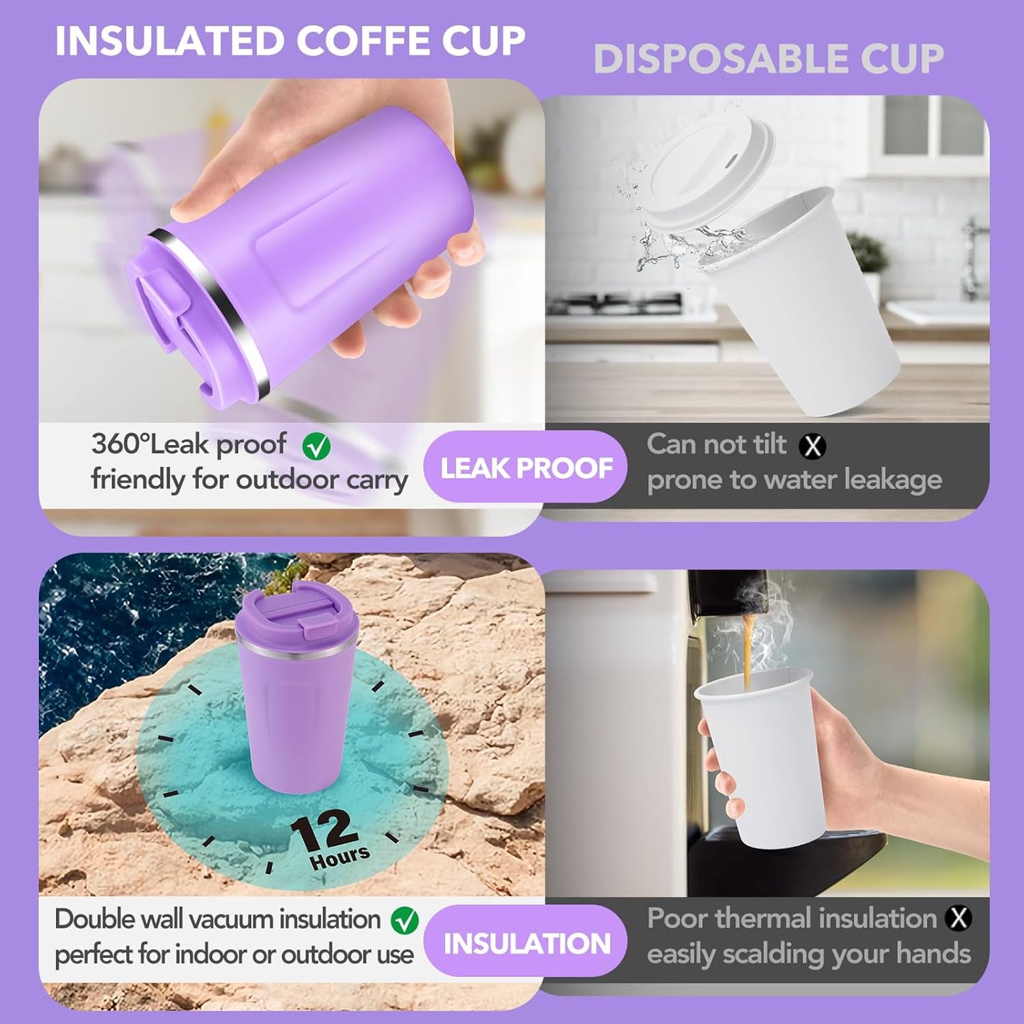 Volhoply 12 oz Double Wall Insulated Vacuum Travel Coffee Mugs with Flip Lid Bulk 2 Pack,Reusable Stainless Steel Leak Proof Coffee Cup,Portable Cafe Thermal Tumbler for Hot&Cold Drinks(Purple,2 Set)