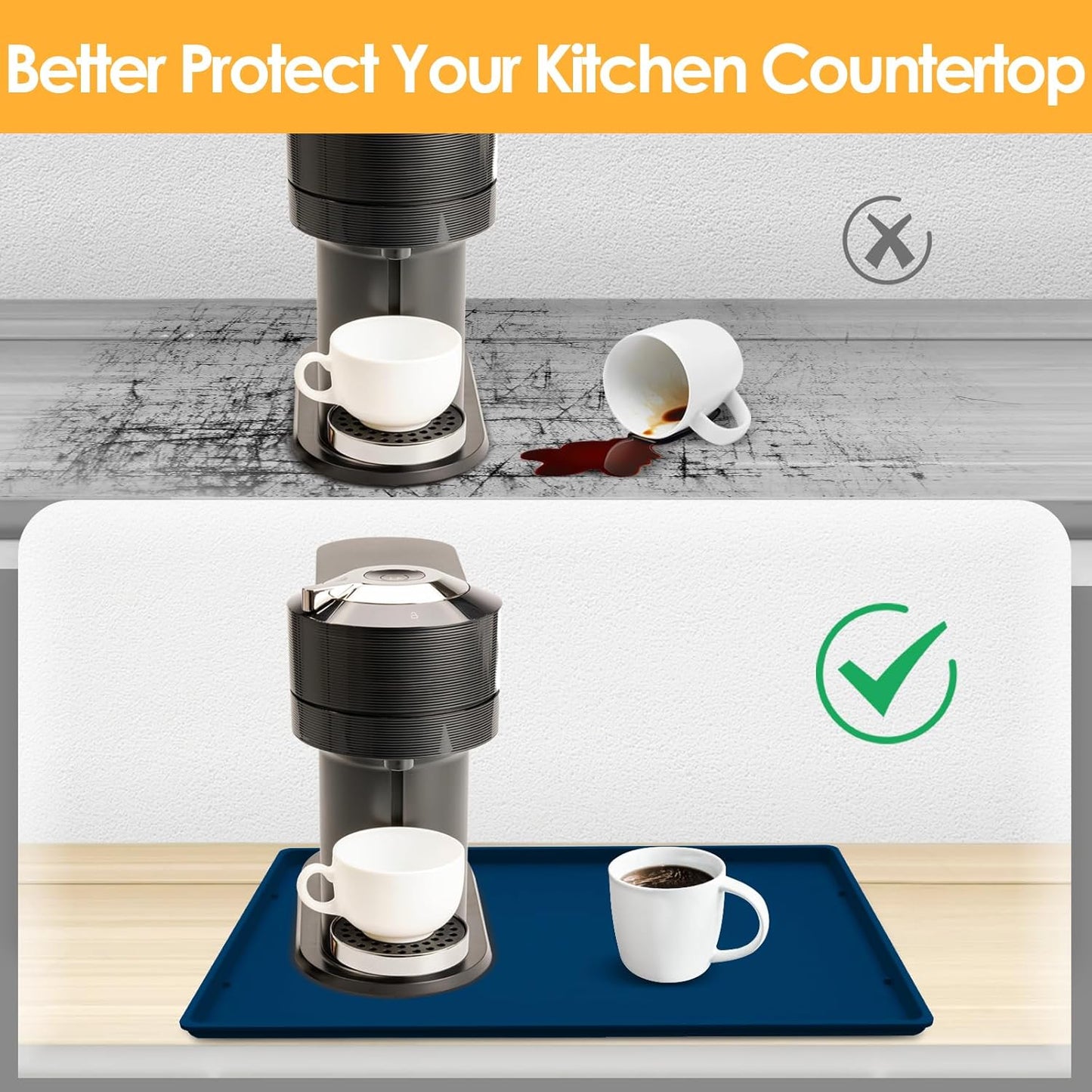 TOHONFOO Silicone Coffee Maker Mat with Lip, 19.7'' x 15'' Heavy Duty Coffee Maker Mat for Countertops, Coffee Tray Fit Under Coffee Machine Appliance Automatic Machines Espresso Accessory, Navy Blue