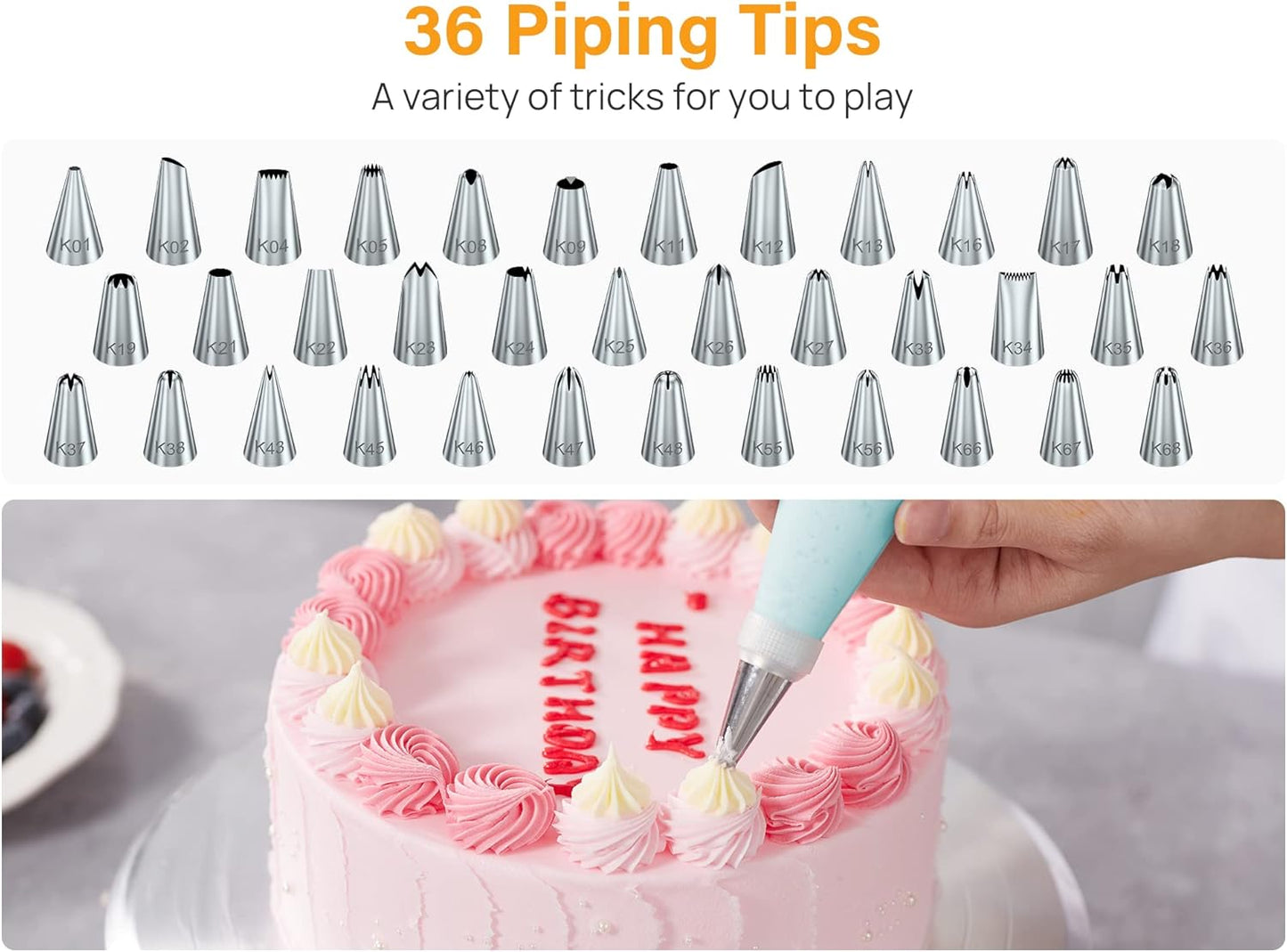 Kootek 42pcs Piping Bags and Tips Set, Cake Decorating Supplies Kits for Baking with 36 Numbered Frosting Icing Tips, 2 Reusable Pastry Bags, Easy Carry Storage Box and Other Baking Tools