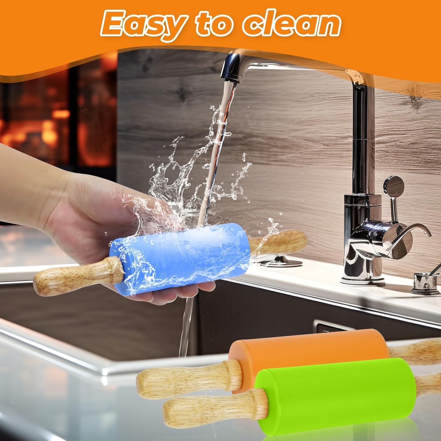 4 Pack Mini Rolling Pin for Kids, 9 Inch Wooden Handle Rolling Pin Non-Stick Silicone Rolling Pins for Children Cake Baking