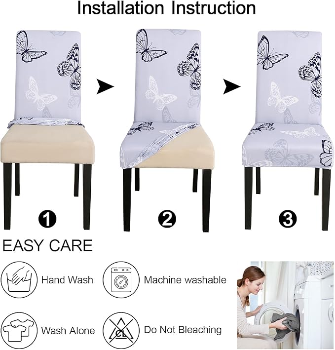 JQinHome Pattern Chair Covers for Dining Room Set of 6, High Stretch Removable Washable Parsons Chair Slipcover for Home Party Hotel Wedding Ceremony (Grey Butterfly,6PCS)