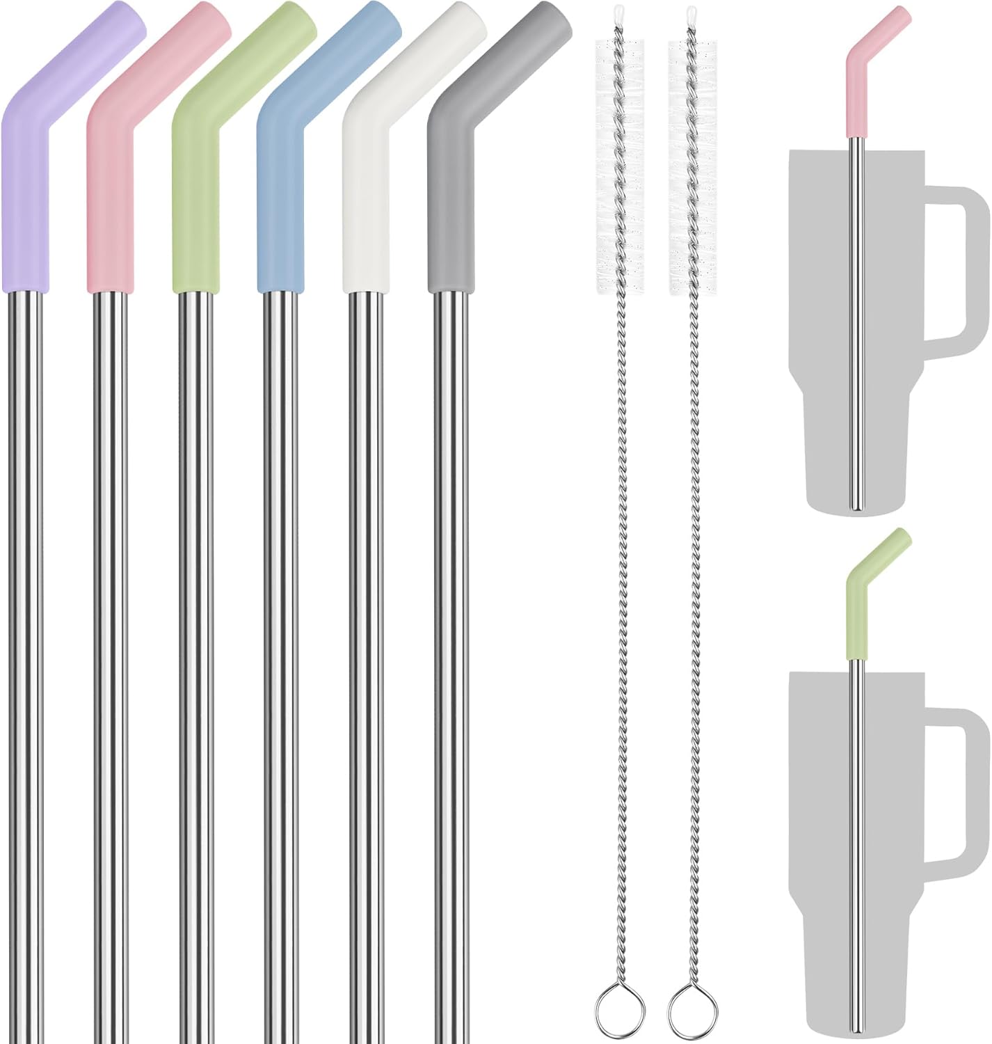 Tomorotec 40oz Straws, 13 Inch Stainless Steel Straw with Silicone Extender Tip for Stanley Adventure Quencher Tumbler 6-Pack with 2 Brushes, 0.35" Diameter Straws Food Grade BPA-Free Colorful Set