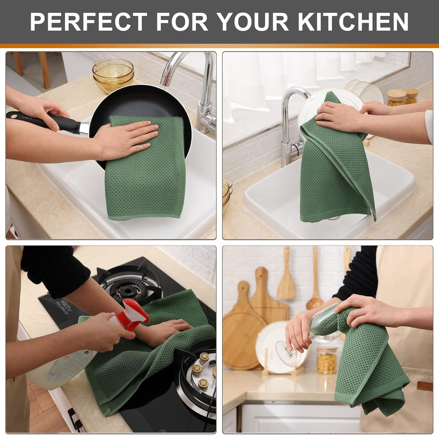 Kitinjoy 100% Cotton Waffle Weave Kitchen Towels, 12-Pack Super Soft and Absorbent Dish Rags for Drying Dishes, Kitchen Hand Towels, 13 in x 28 in, Grass Green