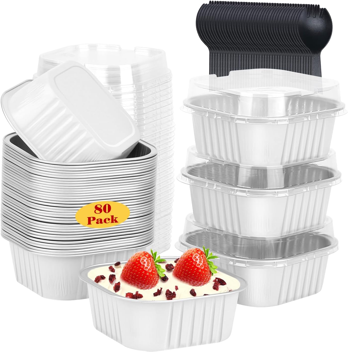 LNYZQUS 10oz/80pack Mini Cake Baking Pans with Lids, 4”X4” Small Cake Pan Foil Brownie Muffin Tins, Square Disposable Ramekins Cupcake Baking Cups Dessert Cheesecake Containers-White