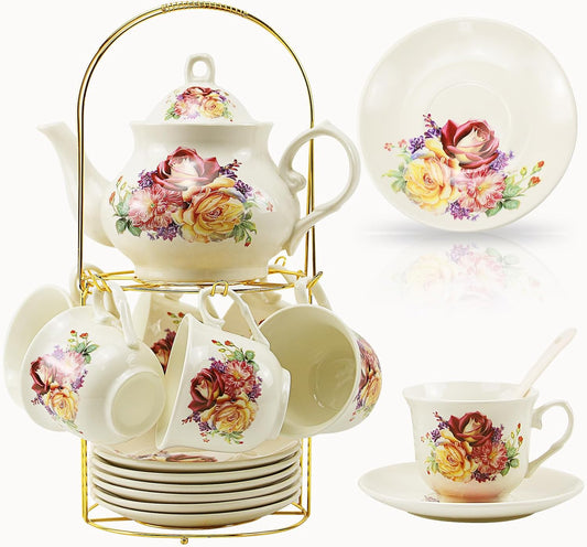 20-Pieces Porcelain Tea Sets For Women, Tea Set For Adult with Golden Metal Rack,Tea Gift Sets for Home&Party(013)
