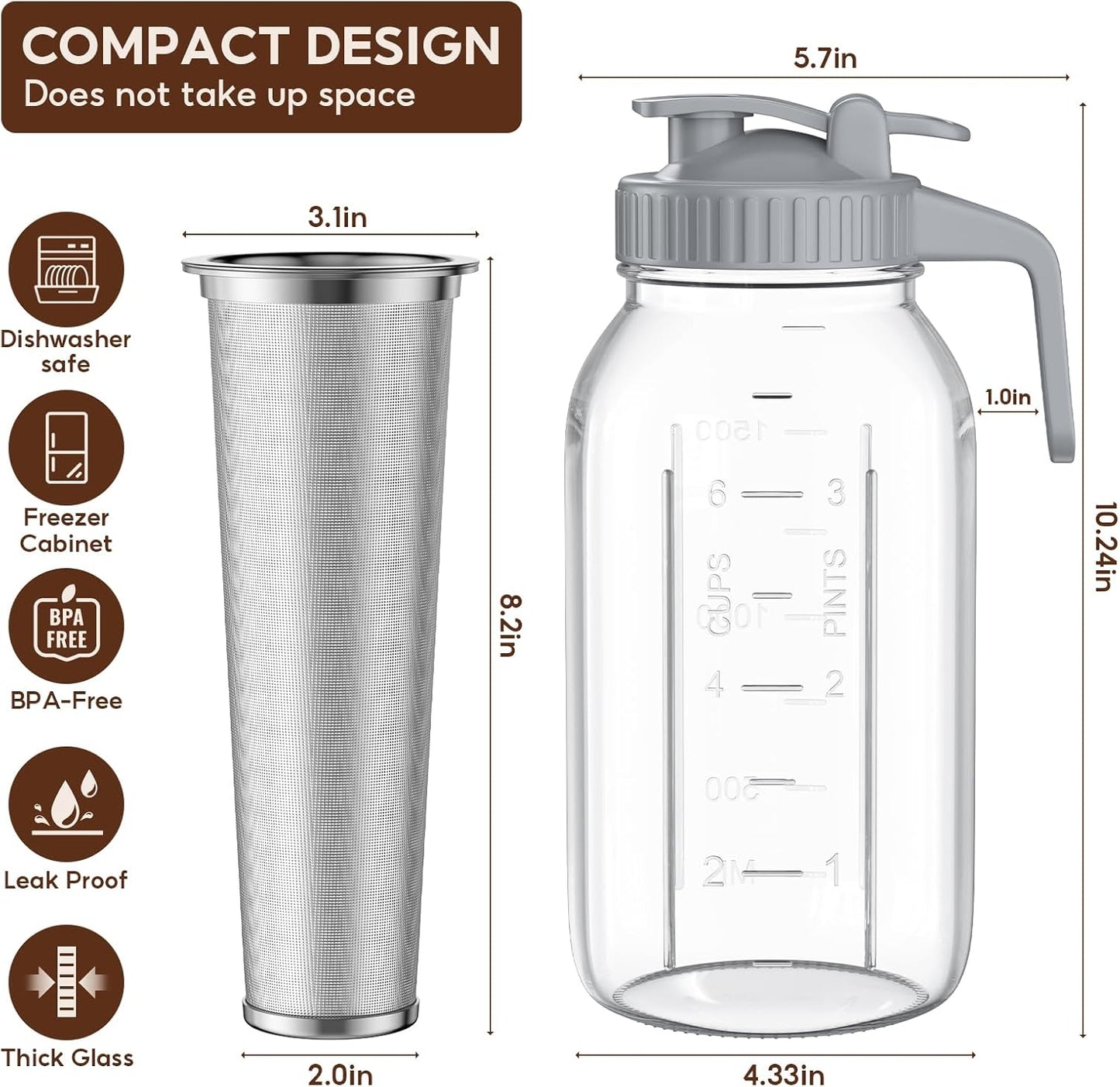 2 Pack 64 oz(2 Quart / 1.9 Liter) Cold Brew Coffee Maker Jar - Glass Cold Brew Maker with Handle, Stainless Steel Filter&Leak-Proof Lid, Heavy Duty Cold Brew Pitcher for Iced Coffee, Sun Tea, and Milk