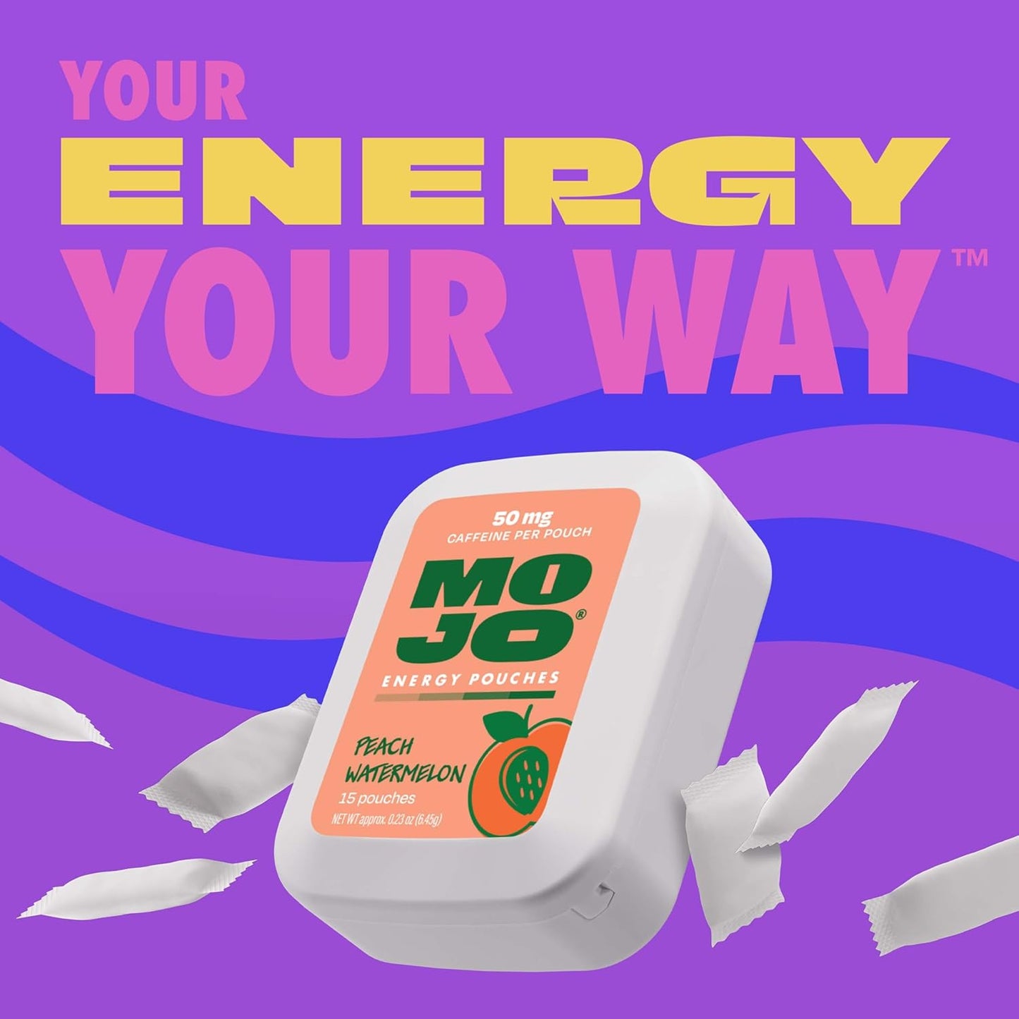 MOJO Energy Pouches Peach Watermelon Flavor, 50 mg per Caffeine Pouch, 15 Pouches, 5-Pack