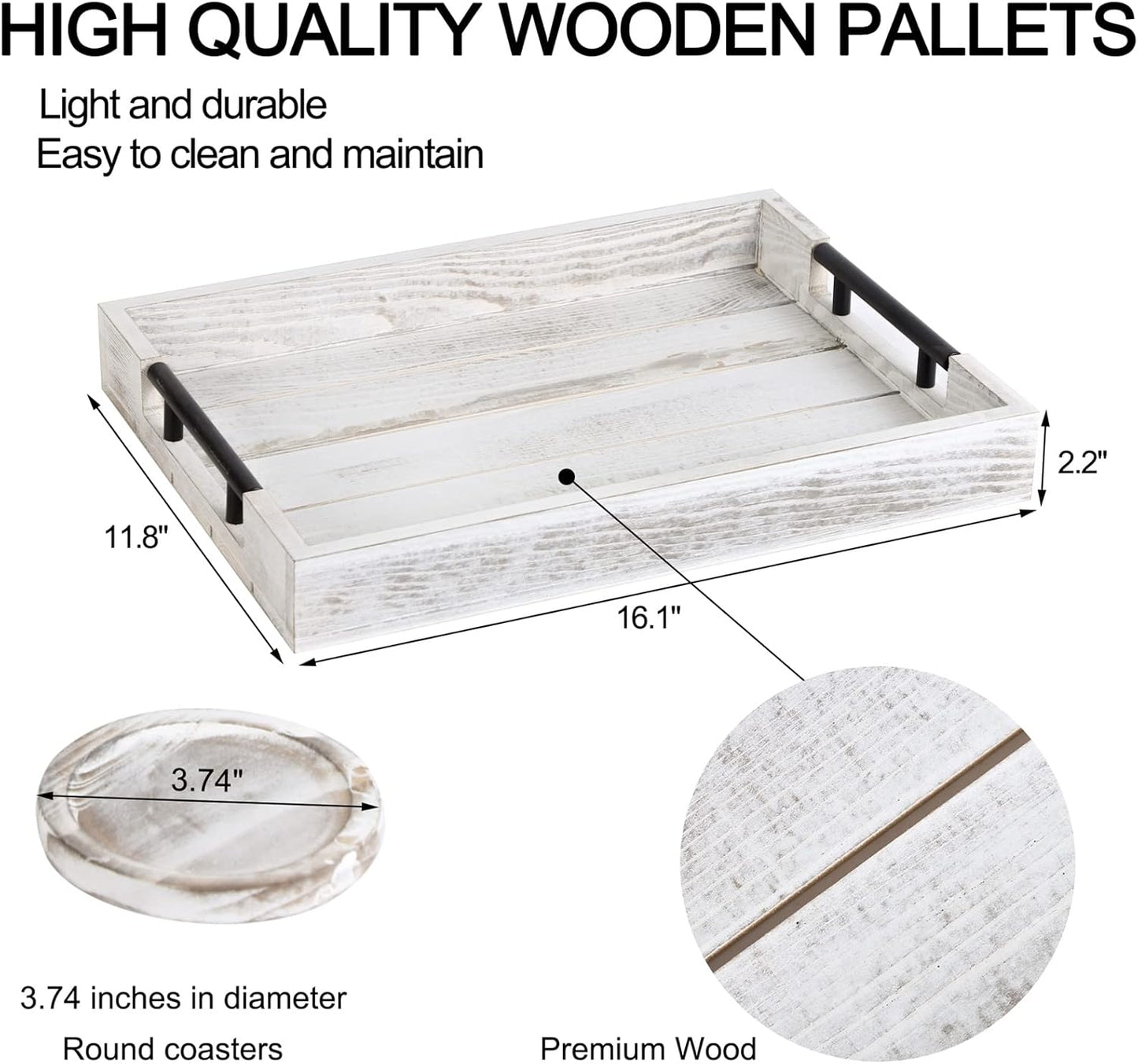 Wooden Serving Ottoman Tray With 4 Coasters, Breakfast Tray With Handles, Home Decor for Living Room, Coffee Table