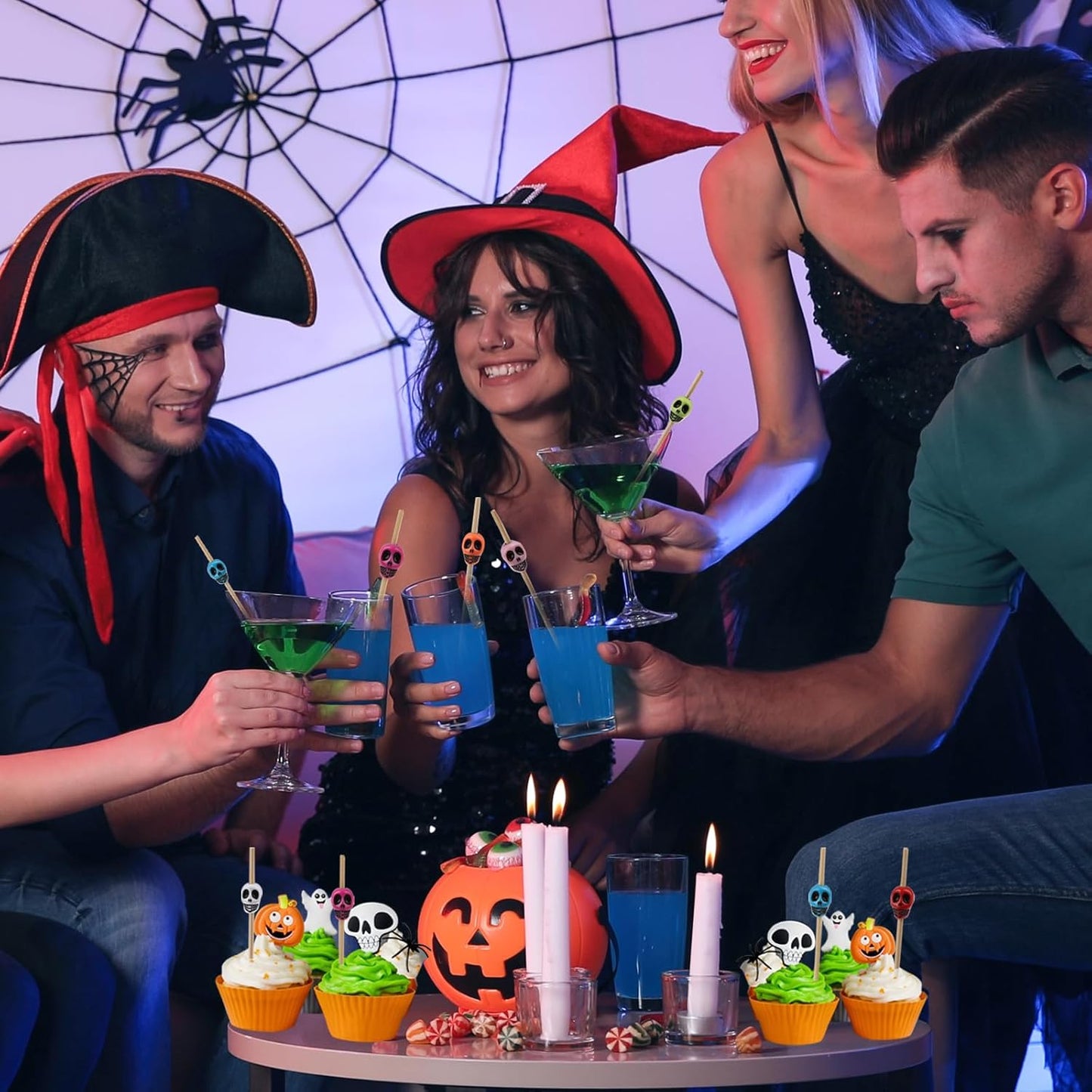 LOMIMOS 150pcs Halloween Skeleton Drink Topper, Colorful Cocktail Stick with Wood Toothpick for Cupcake Pool Party Ice Cream Fruit (4.7in)