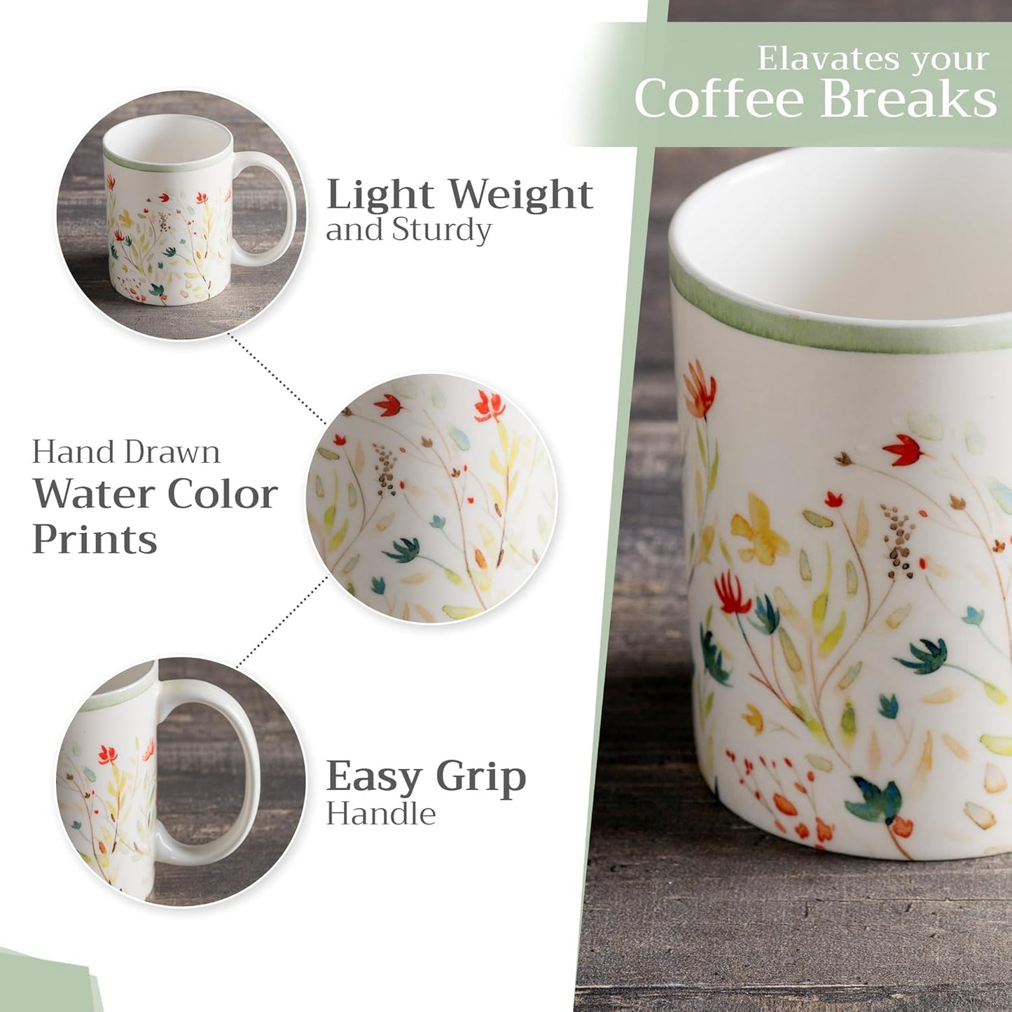 Maison d' Hermine Coffee Mug with Handles Fine Bone China Mugs Pack of One Tea Cups for Hot Beverages Cappuccino Latte Home Restaurant Office Perfect for Gift (Colmar - Green, 12 Ounce)