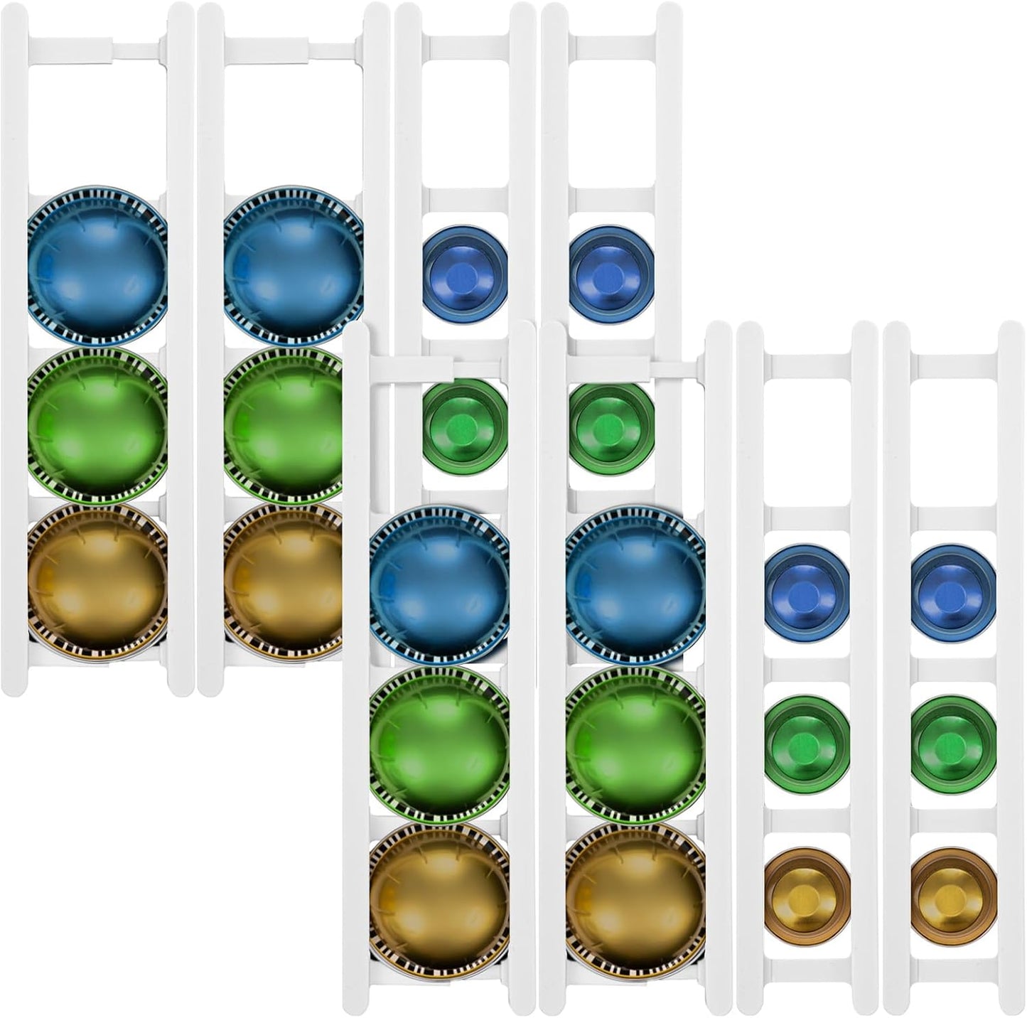 8 Pack Adhesive Coffee Pod Holder, 2 Different Size Holds 20 Capsules, Wall or Cabinet Mounted Coffee Capsule Rack with Adhesive Strips, Vertical or Horizontal Mount