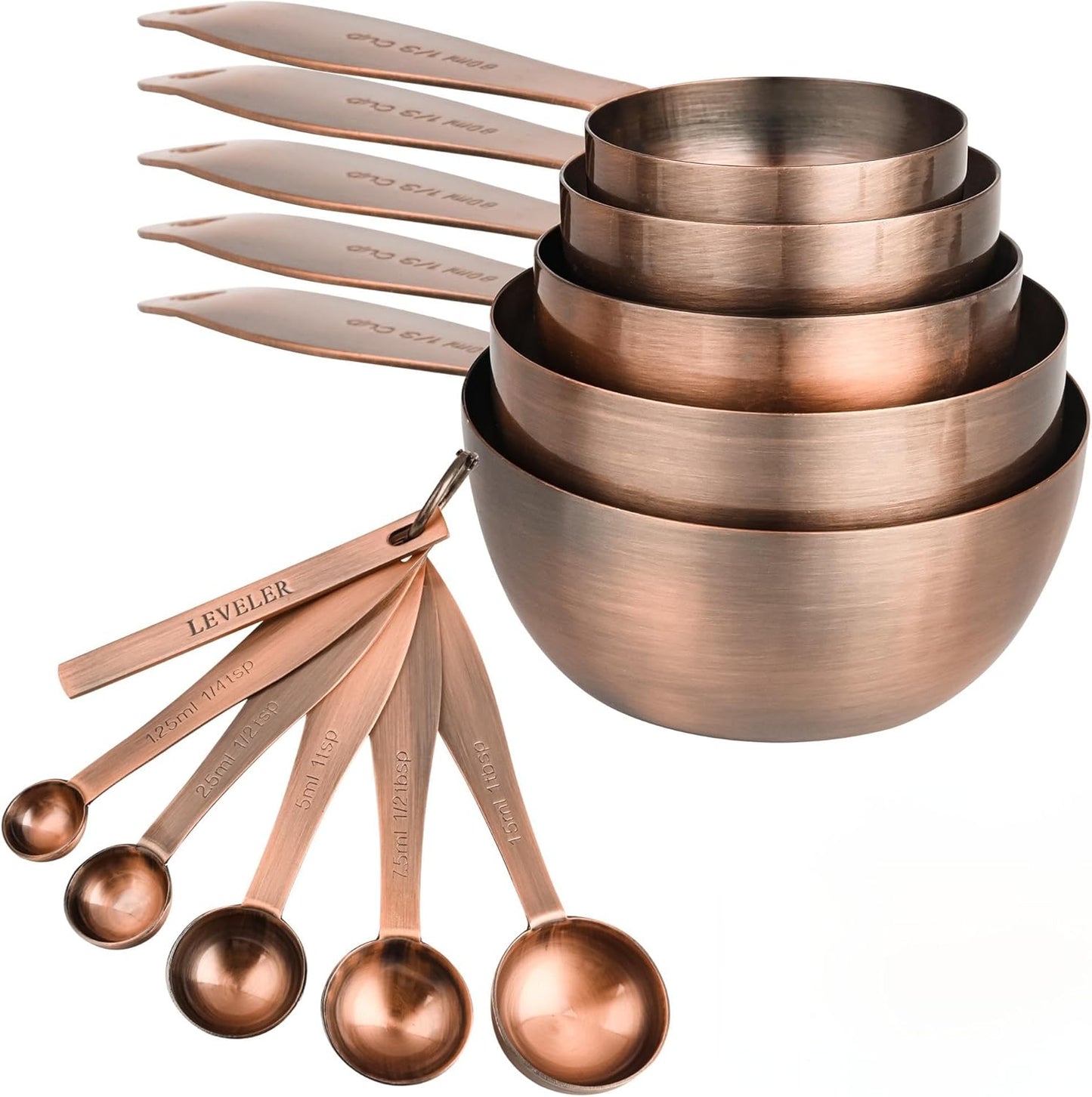 Copper Plated Measuring Cups and Spoons Set, 5 Stainless Steel Measuring Cups & 5 Metal Measuring Spoons Set with Leveler, US & Metric Kitchen Measure Cups & Spoons Set for Baking & Cooking