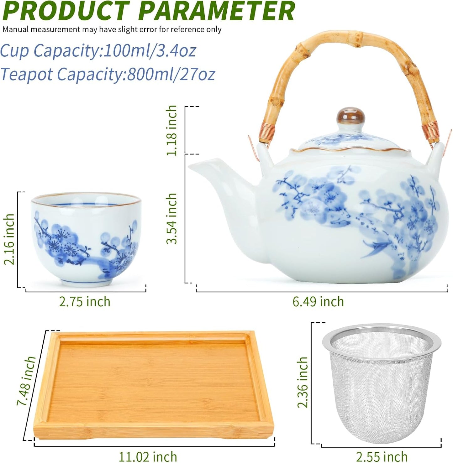 Japanese Tea Set Porcelain Tea Set with Teapot and Tea Cup Set for 4, Blue and White Tea Sets for Adults with Stainless Infuser and Bamboo Tray, Asian Tea Set for Tea Lovers/Women/Men (Plum & Bamboo)