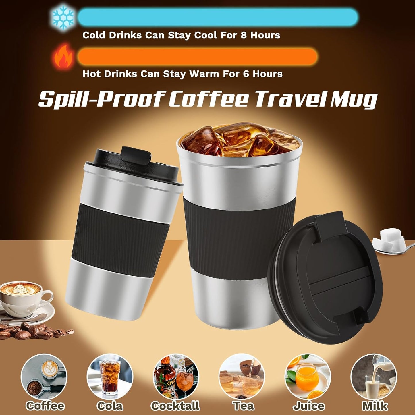 Vacuum-Insulated Stainless Steel Travel Coffee Mug, Leak-Proof Reusable Coffee Cup with Lid - Keep Hot & Cold Drinks for Hours, Durable Thermos Tumbler for Men & Women (3rd-Silver black, 17OZ)