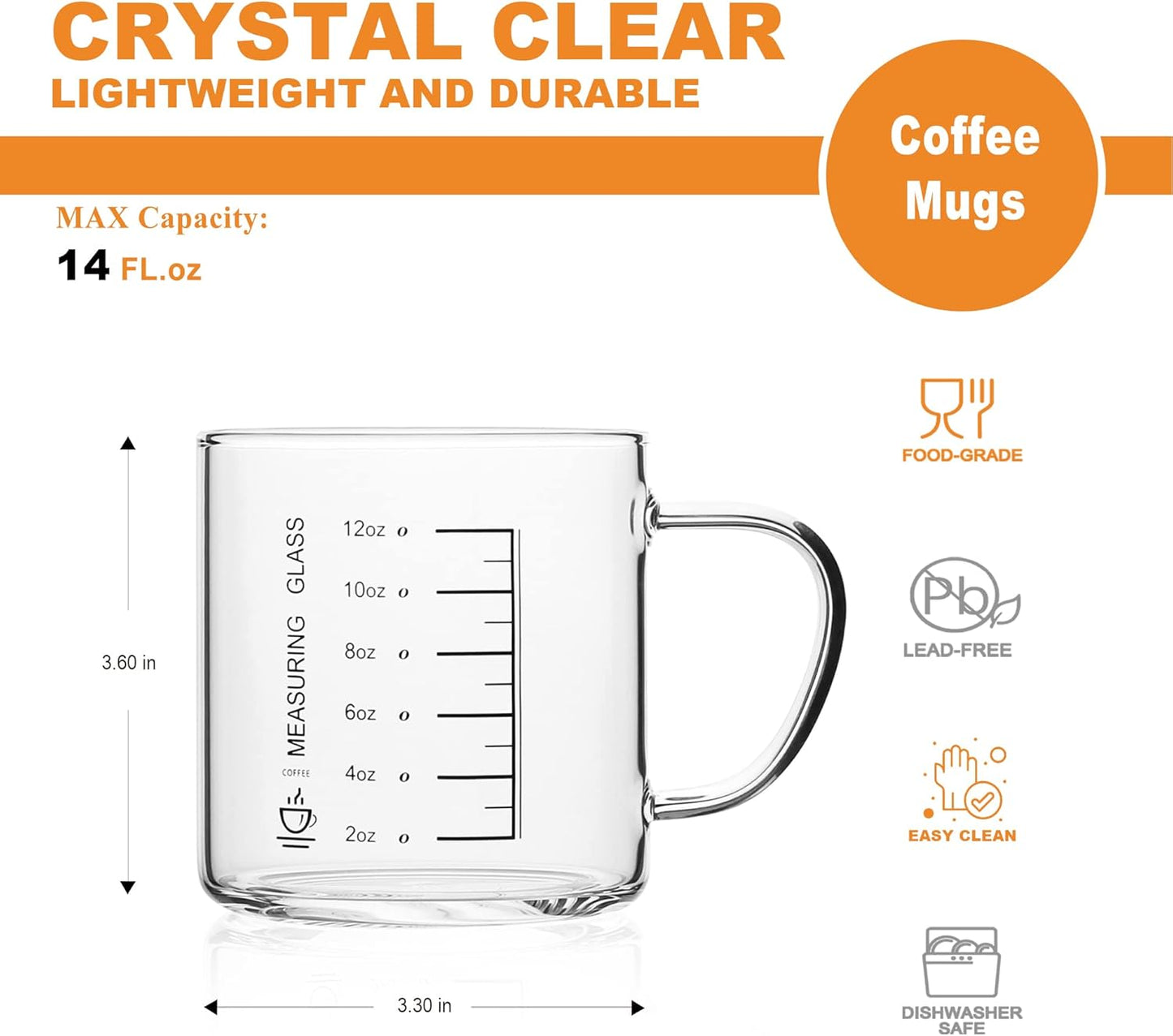 LUXU Glass Coffee Tea Cups Set of 2,Clear Coffee Mugs for Hot or Cold Beverages,Large Wide Mouth Drinking Glasses,Perfect for Mocha,Latte,Milk,Cappuccino,Water and Juice -14 oz Measuring Cups