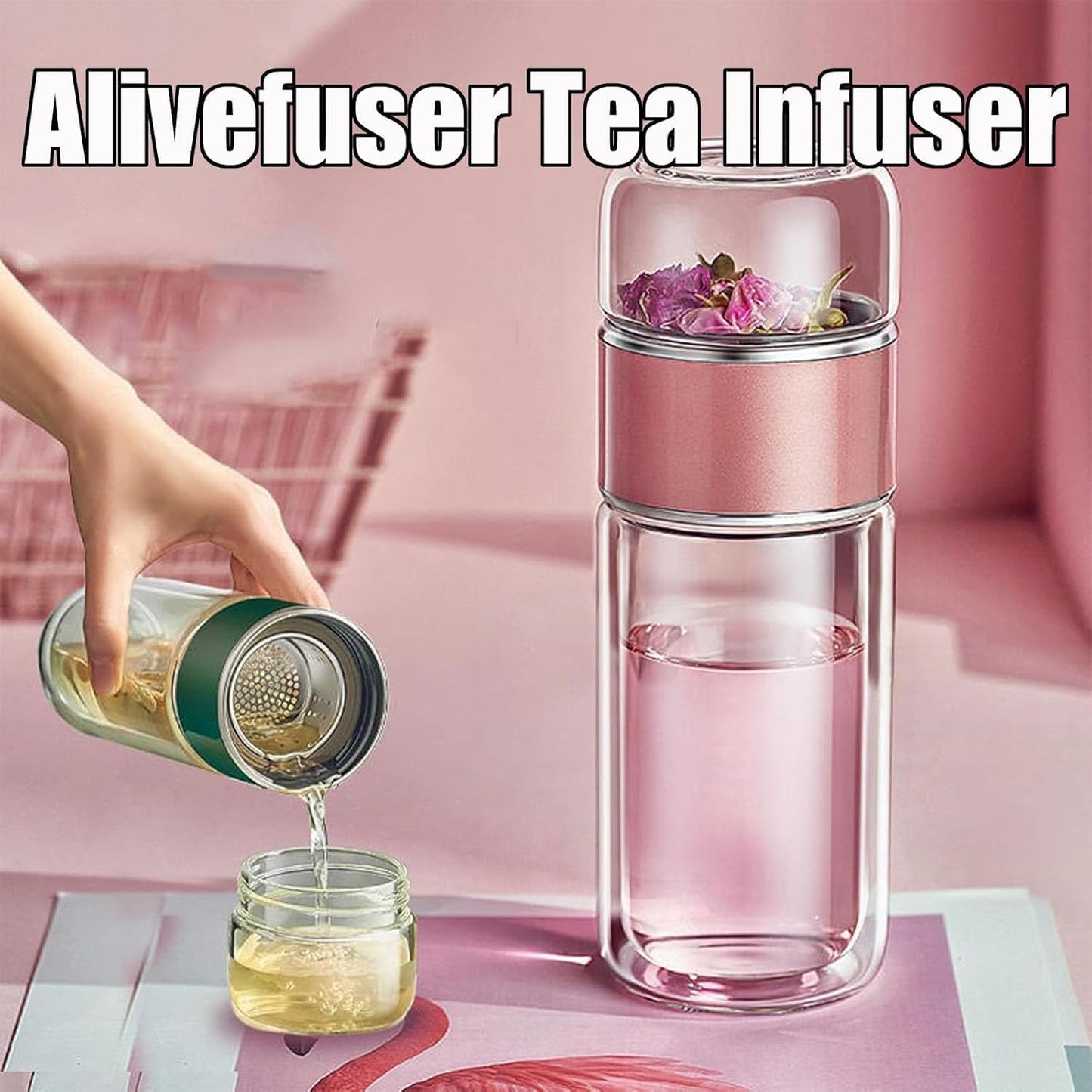 Tryteava Glass Infuser, Tryteava 3-in-1 Smart Tea Infuser, Portable Glass Double Wall Tea Infusers Bottle, with Stainless Steel Filter, Hot & Cold Brew, For Loose Leaf, Office Home (Gold, 350ml)