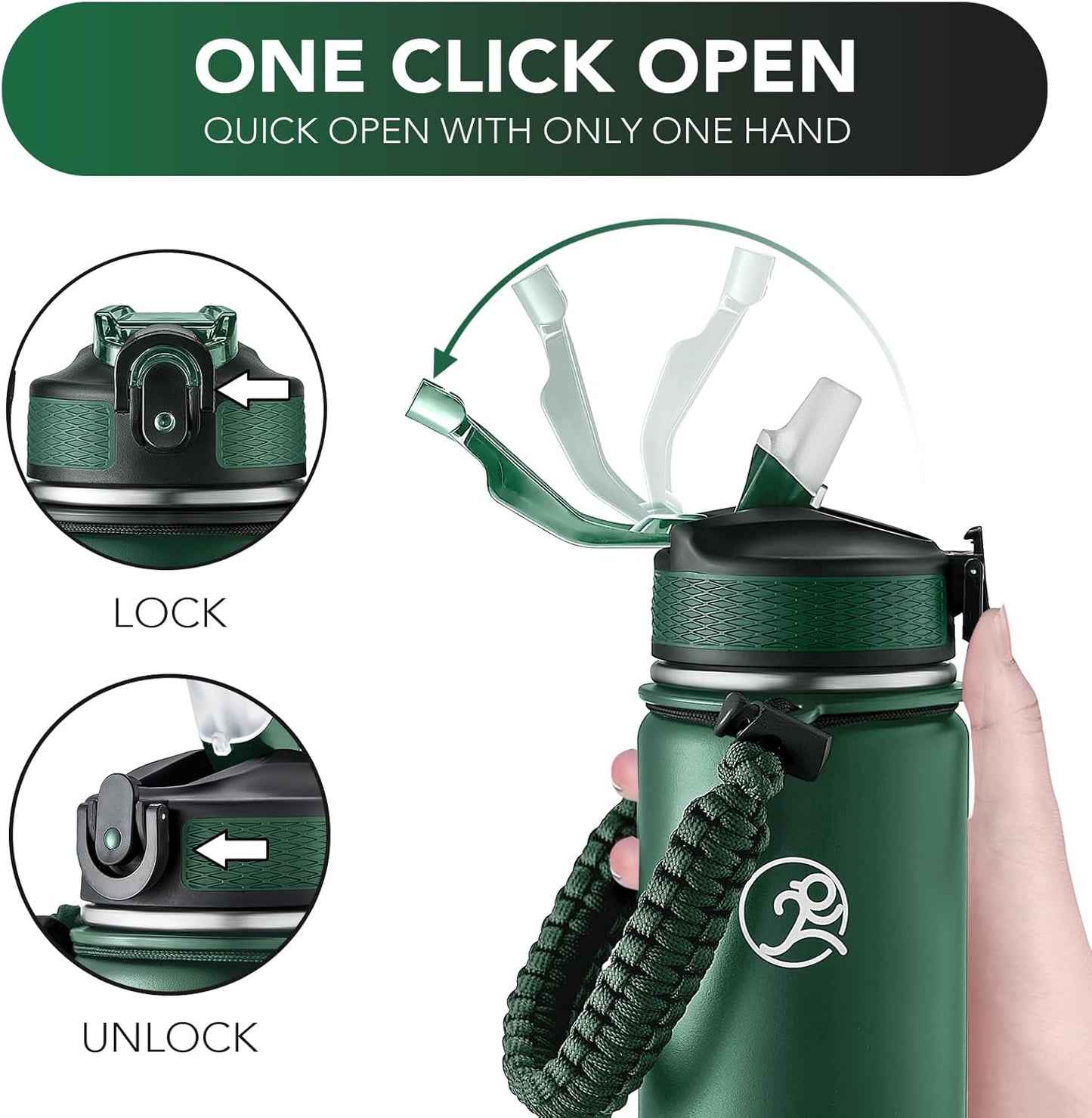 GOSWAG Insulated Sports Water Bottle, 24oz 2 Lids(with Straw/No Straw), Stainless Steel Water Bottles with Paracord Handle, Insulated Bottle with Double-Wall Vacuum Insulation