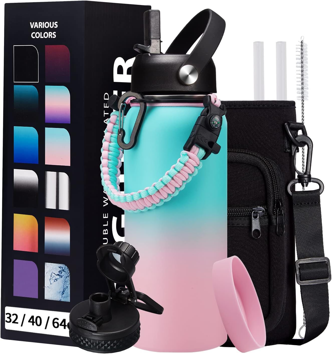 32oz Stainless Steel Water Bottle -w/Paracord Handle, Straw & Spout Lids, Bottle Sleeve, Reusable Metal Thermo Keep Cold-48h & Hot-24h, Wide Mouth Double-Wall Vacuum Flasks for Sports Fitness