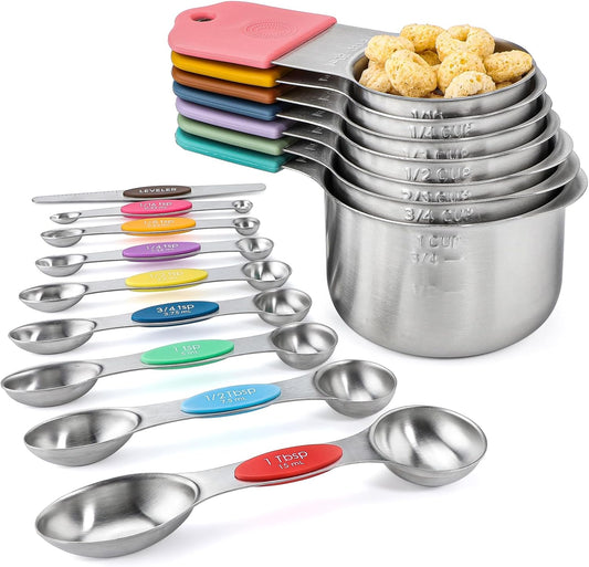 Magnetic Measuring Cups and Spoons Set of 16 Includes Stainless Steel Magnetic Measuring Cup Double Sided Magnetic Measuring Spoons with 1 Leveler for Dry and Liquid Ingredients