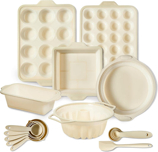 COOK WITH COLOR 17 Pc. Silicone Baking Pan Set - Non-Stick & Easy Clean Silicone Muffin Pans for Baking with Sturdy Metal Frame for Stability, Flexible Cake Molds, Includes Measuring Cups and Spoons