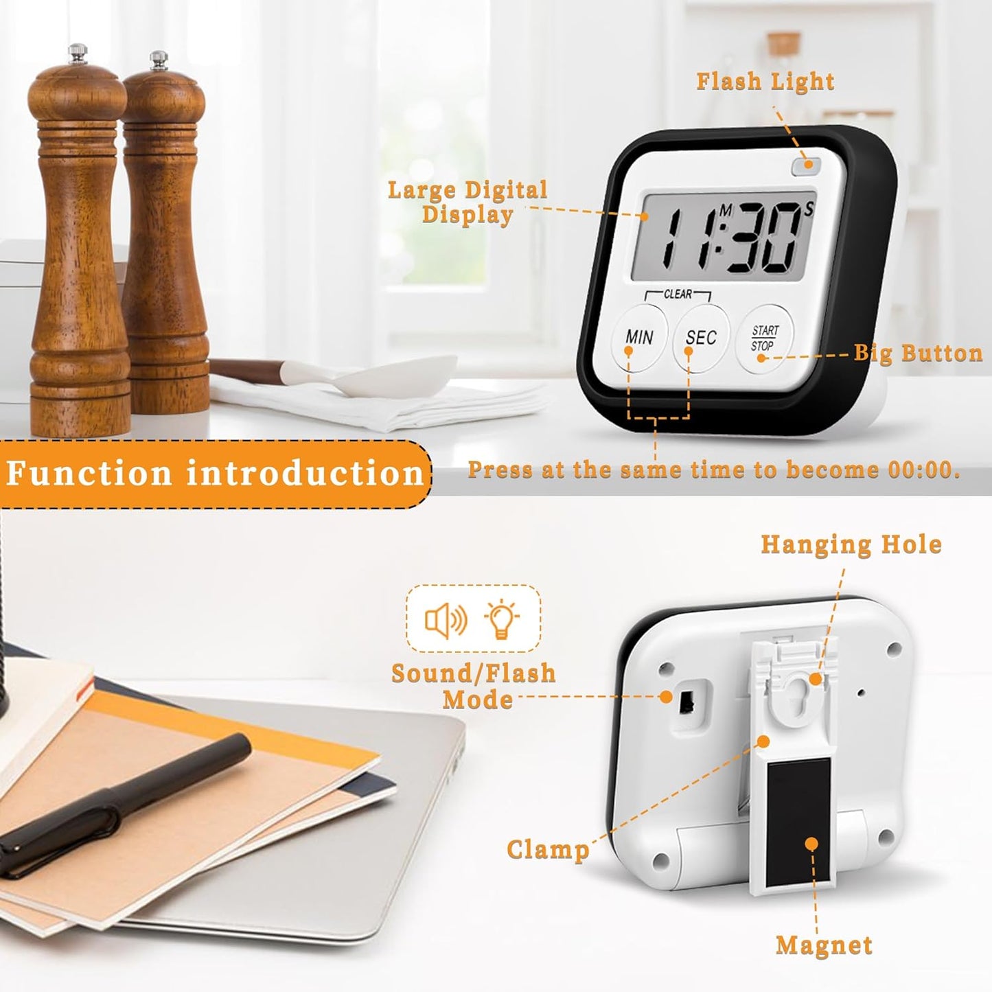 Timer, Kitchen Timers for Cooking Classroom Timer for Kids Teachers Magnetic Digital Timers 4 Pack, Black