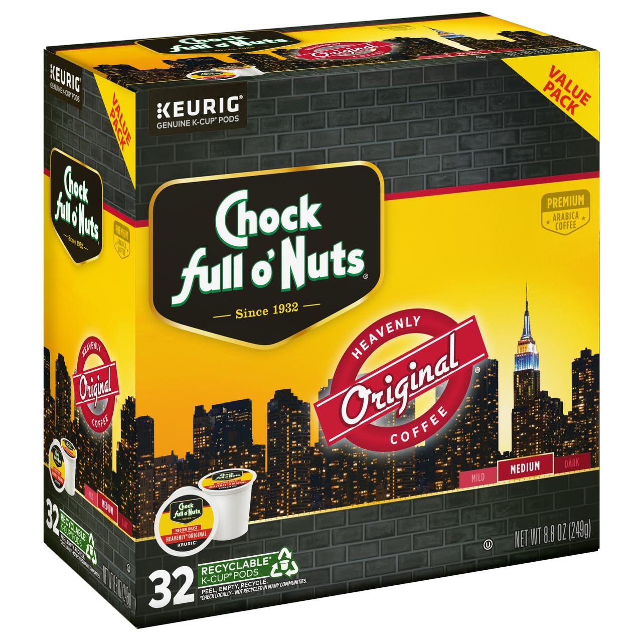 Chock Full o'Nuts Original Coffee, Compatible with K-Cup Pods, 32 CT (Pack of 3)