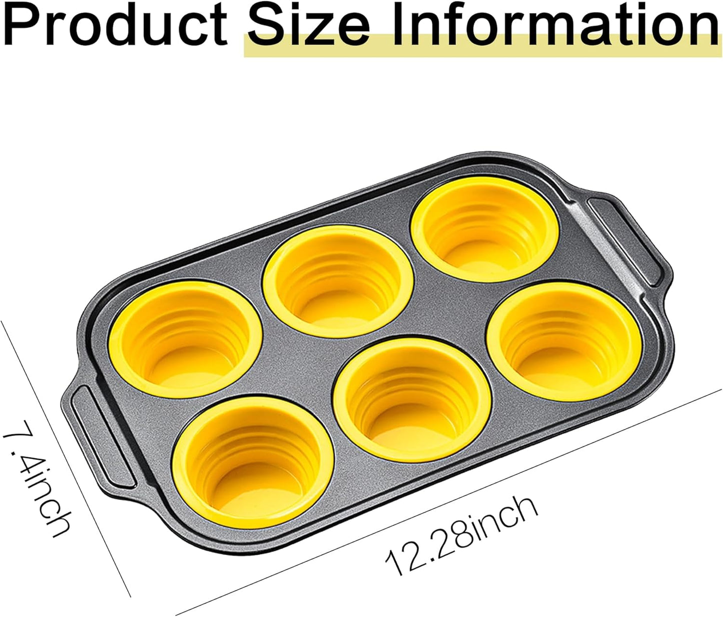 Silicone Muffin Pan for Baking with Metal Frame, 6 Cup Muffin Pan Molds, Non Stick Baking Tray for Ovens, Bakeware with Press to Release Design, Egg Bites Silicone Mold, Dishwasher & Oven Safe, Yellow