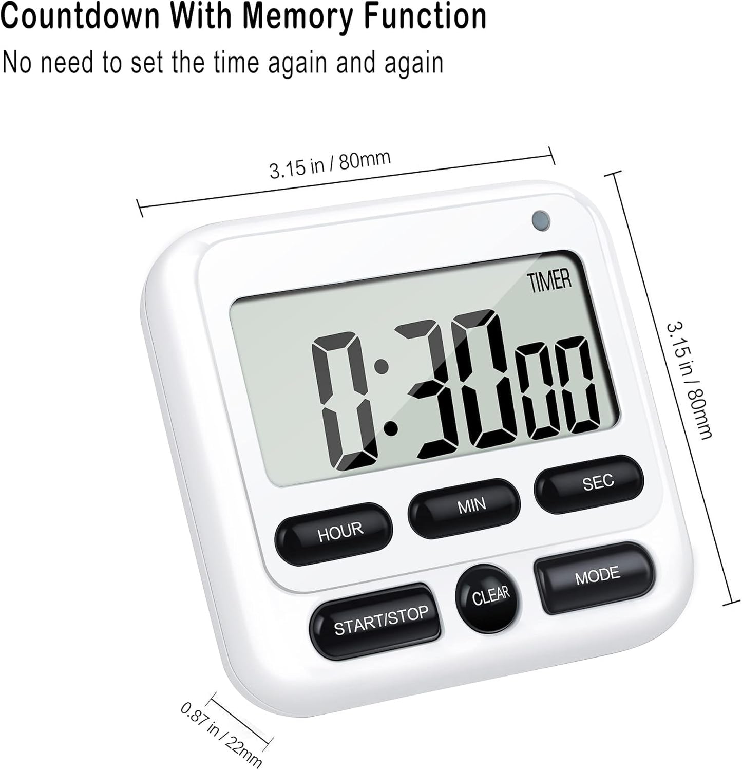 KTKUDY Digital Kitchen Timer with Mute/Loud Alarm Switch ON/Off Switch, 24 Hour Clock & Alarm, Memory Function Count Up & Count Down for Kids Teachers Cooking, Large LCD Display, Strong Magnet (White)