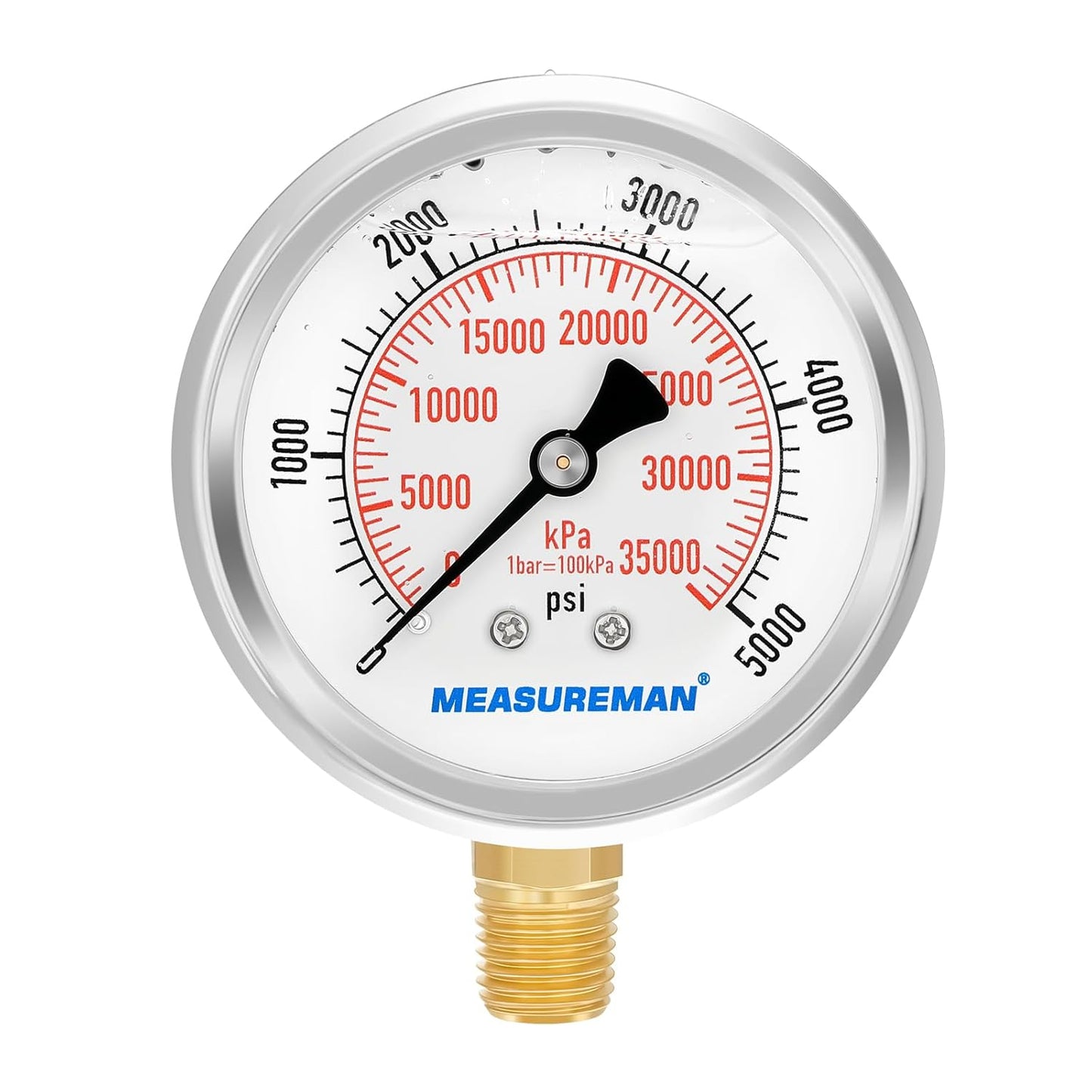 MEASUREMAN 2-1/2inch Dial Size, Liquid Filled Hydraulic Pressure Gauge, 0-5000psi/kpa, 304 Stainless Steel Case, 1/4inchNPT Lower Mount