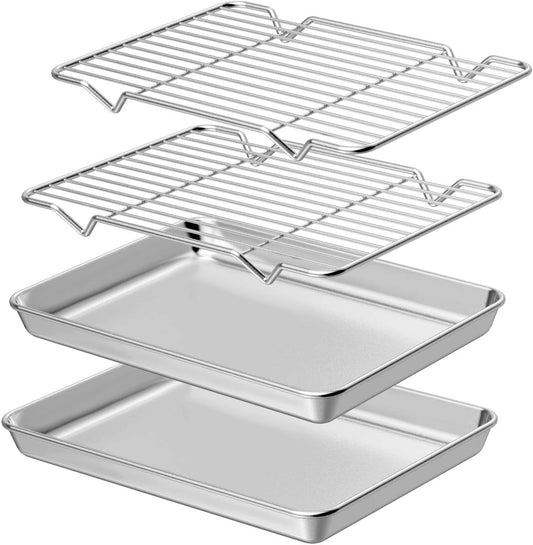 Wildone Baking Sheet with Rack Set [2 Sheets + 2 Racks], Stainless Steel Cookie Pan baking Tray with Cooling Rack, Size 9 x 7 x 1 Inch, Non Toxic & Heavy Duty & Easy Clean