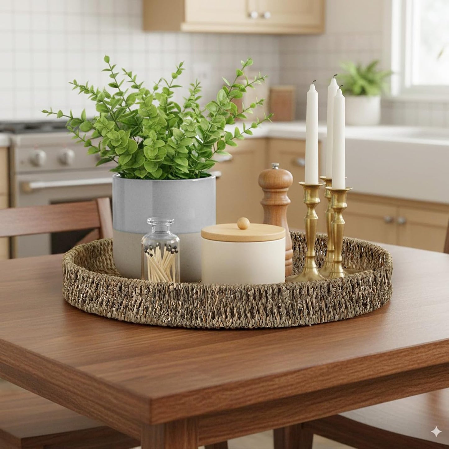 Round Ottoman Tray Large Wicker Serving Tray with Handles for Coffee Table, 18 Inch Handwoven Natural Seagrass Tray