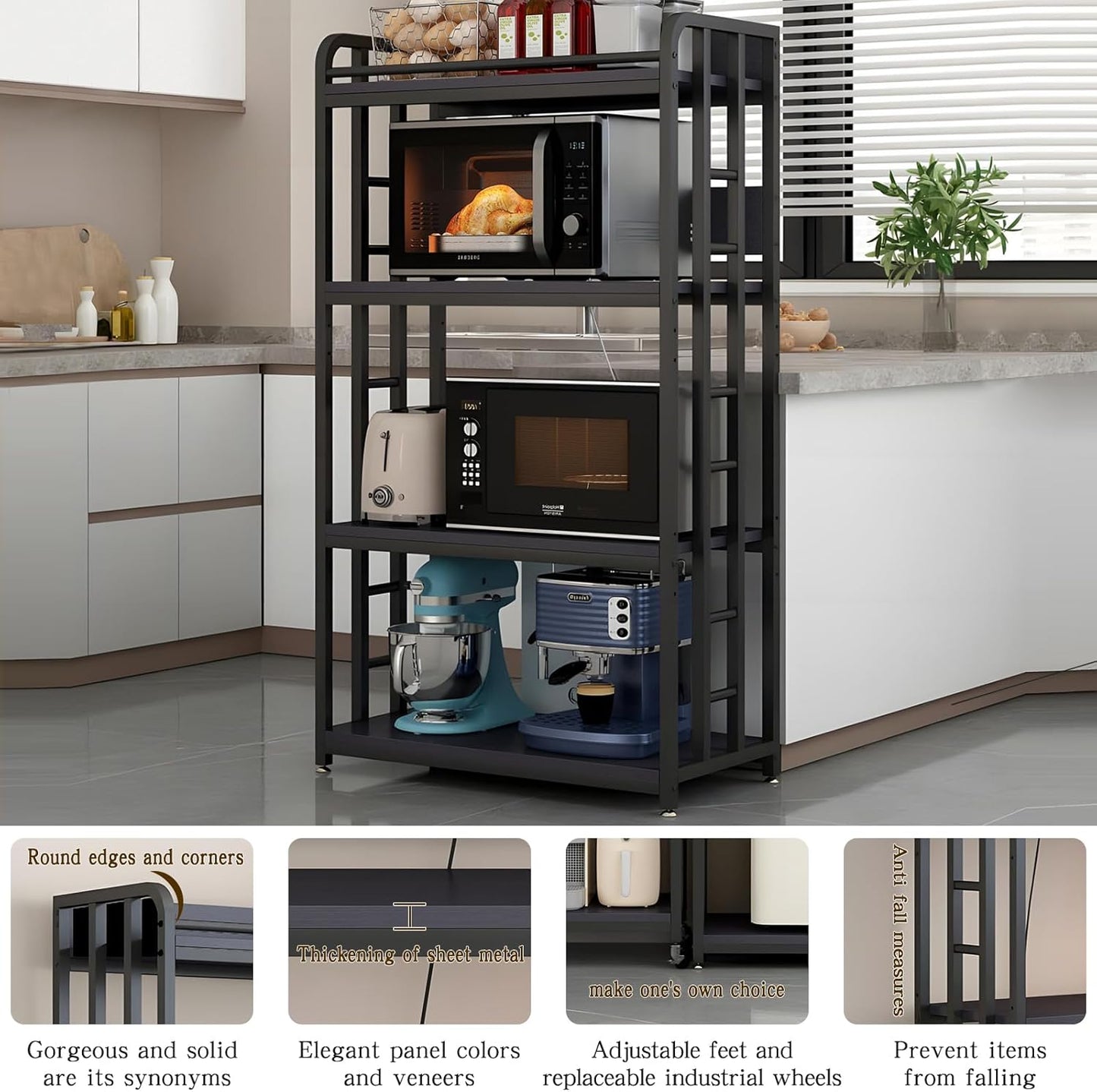 Adjustable 4-Tier Heavy Duty Kitchen Baker's Rack with Power Outlet, with Industrial Wheels, Free Standing Microwave Oven Cart Stand for Storage, Garage, Mini Fridge Stand, Black