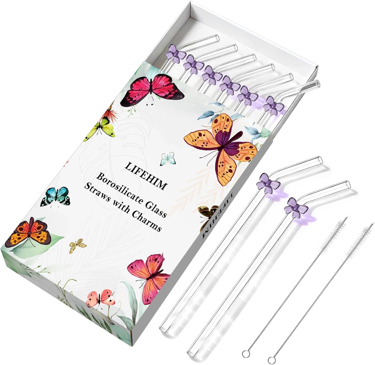 Cute Glass Straws with Charms, Purple Bow Glass Straws Bent, 8mm x 9 Inch Borosilicate Reusable Drinking Straws Clear, Decorative Fun Design for Party Cocktails and Adults, 8 Pack with Case & 2 Brush