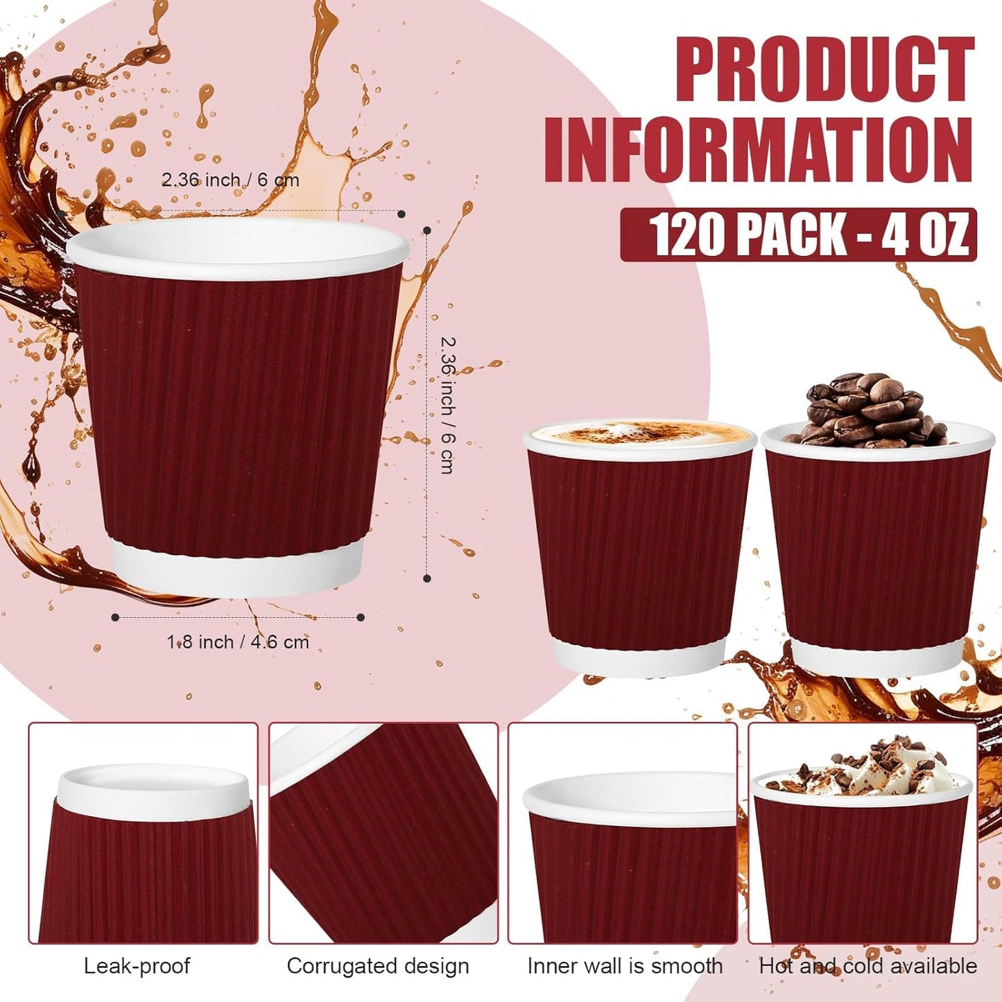 240Pack Paper Espresso Coffee Cups, 4 oz Disposable Coffee Cups,Corrugated Insulated Ripple Wall, Paper Ripple Cups for Coffee, Hot Chocolate and Hot Tea Drinks -Red