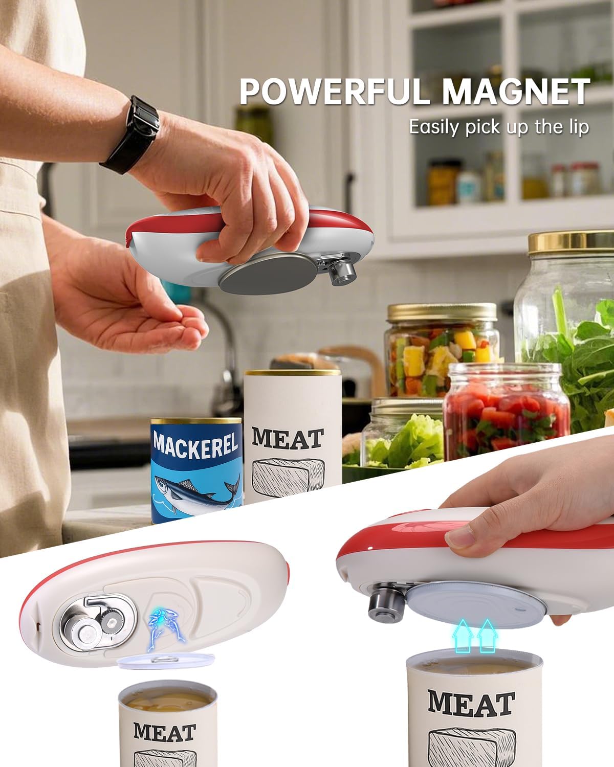 CIRCLE JOY Electric Can Opener, One-Touch Automatic Can Opening with Smooth Edges, Food Safety Handheld Battery-Operated Can Opener for Kitchen and Seniors, Red
