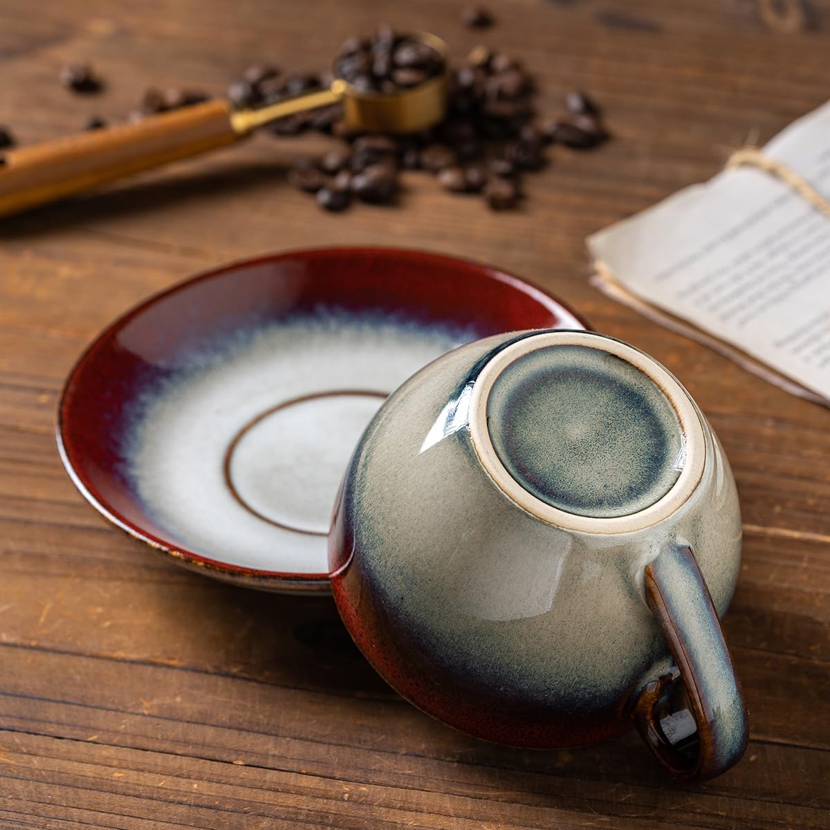 Porcelain Coffee Cup with Saucer Spoon Set, Vintage Design Ceramic Latte Art Cappuccino Barista Espresso Tea Cup with Saucer (11.6 oz, 350ml, Ink red)