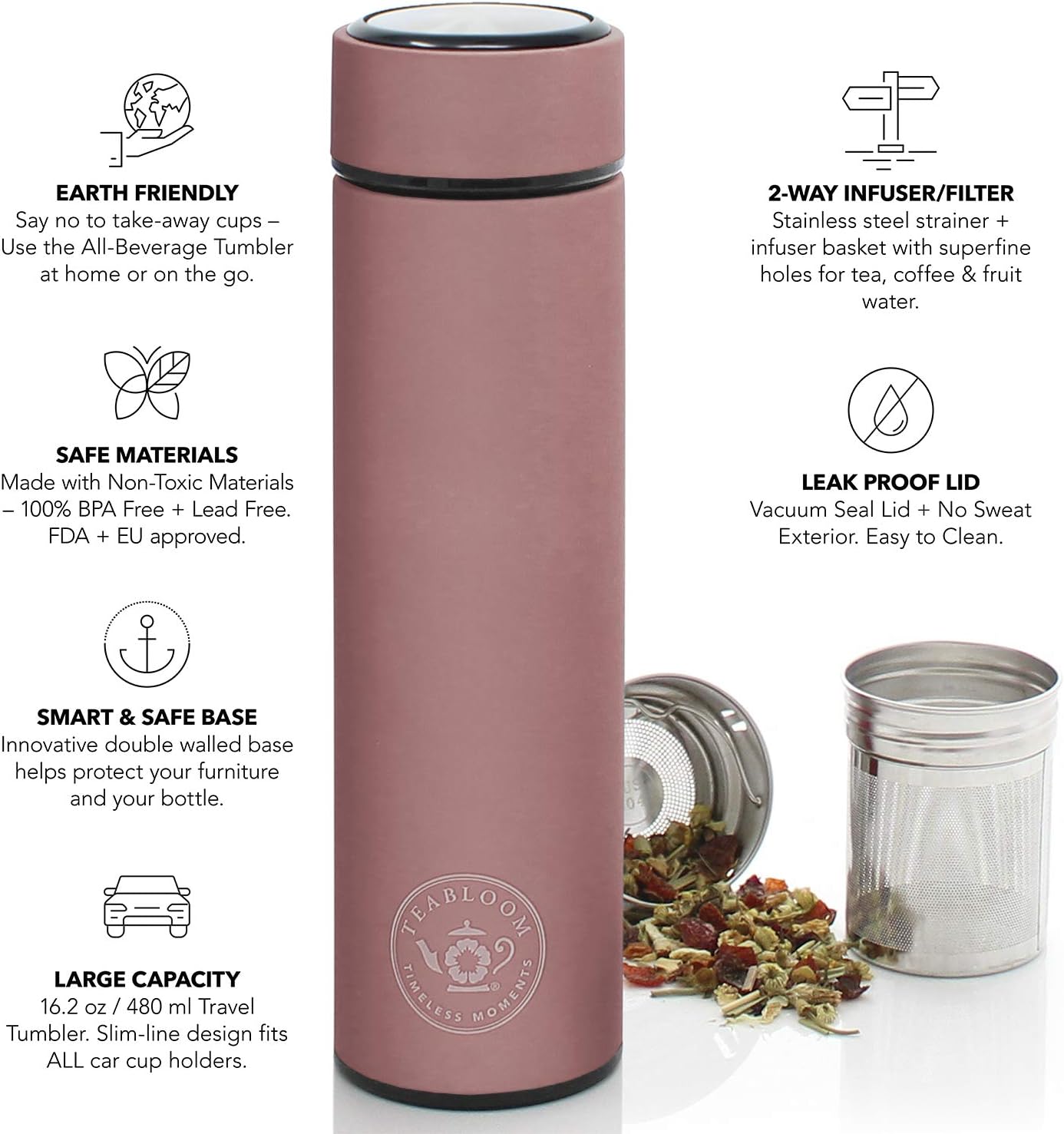 Teabloom - The ORIGINAL All-Brew Travel Tumbler & Thermos | OPRAH’s Favorite | 16oz/480ml Stainless Steel Insulated Water Bottle/Tea Flask/Cold Brew Coffee Mug