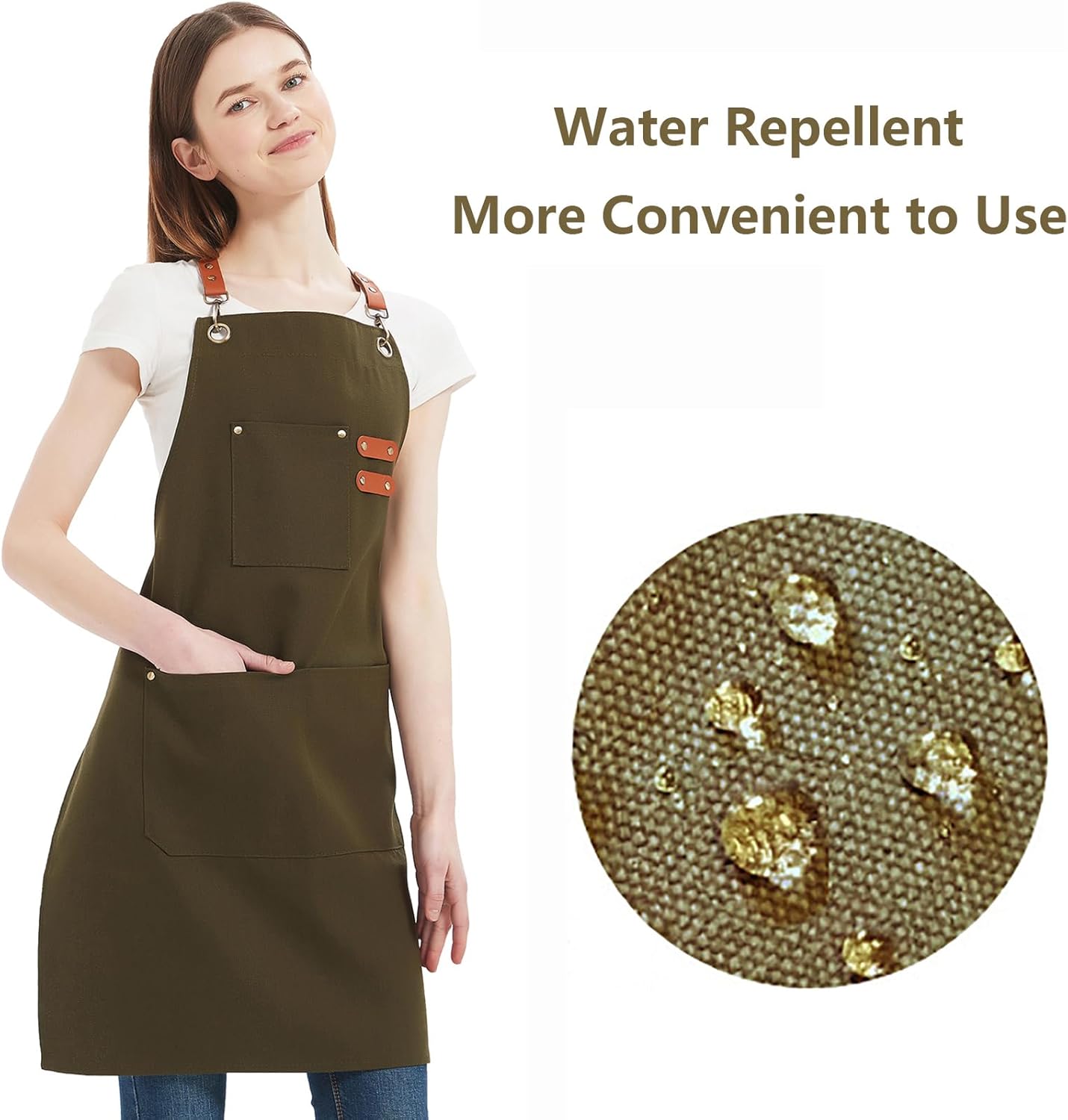 AFUN Chef Aprons for Women Men with Large Pockets, Cotton Canvas Cross Back Water Repellent Work Apron, Size M to XXL (Greygreen)