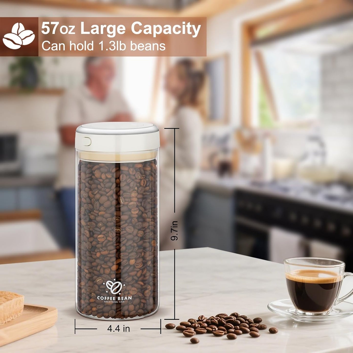 Glass Coffee Storage Canister, 57oz Airtight Coffee Bean Container with One-way CO2 Valve, Seal Locking Lid, and Date Tracker - Premium Glass Canister for Fresh Beans