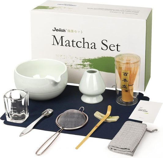 Matcha Tea Set 10-Pcs Kit, Whisk and Bowl with Spout & Measuring Spoon, Japanese Tea Making Tools, Grey