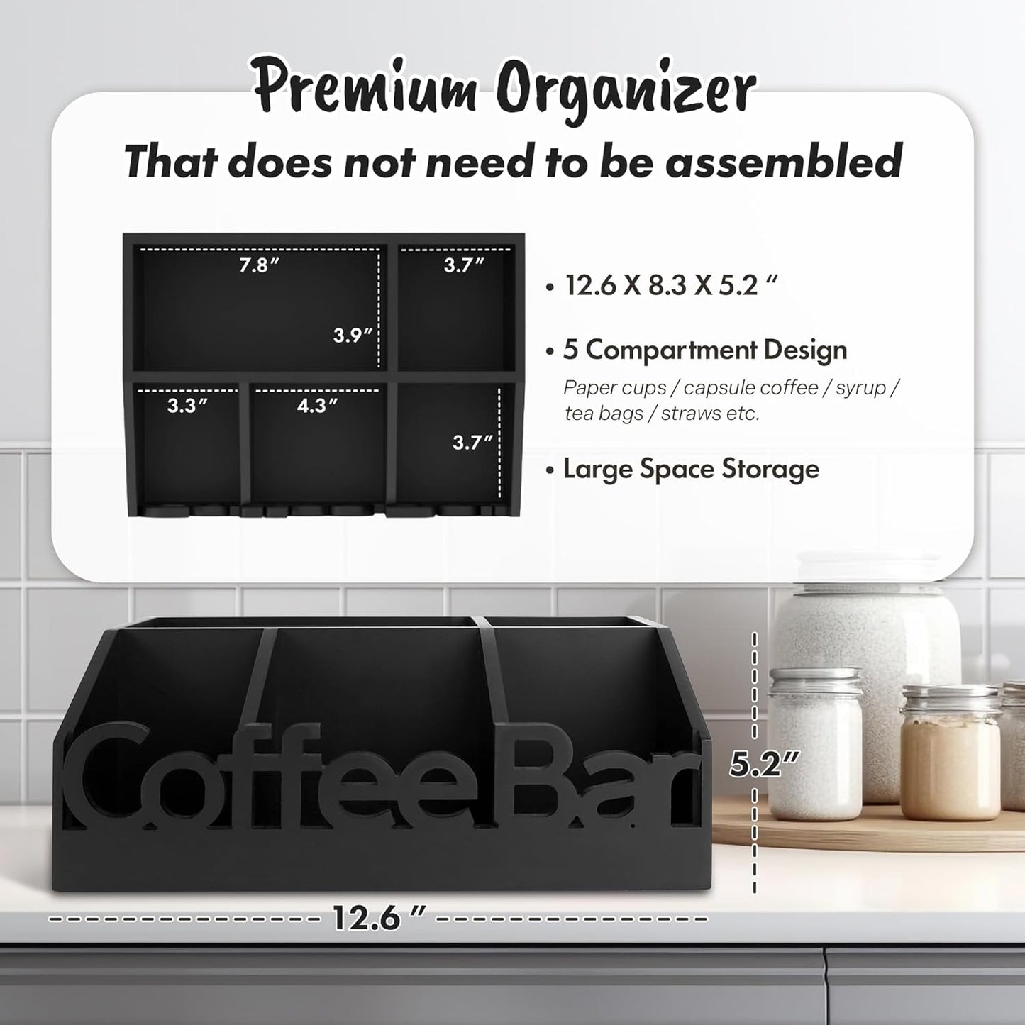 Coffee Bar Organizer for Countertop – Wooden Coffee and Tea Station Caddy with Tray for Pods, Cups, Condiments, and Accessories – Kitchen or Office Counter Storage (Medium Size -Black)